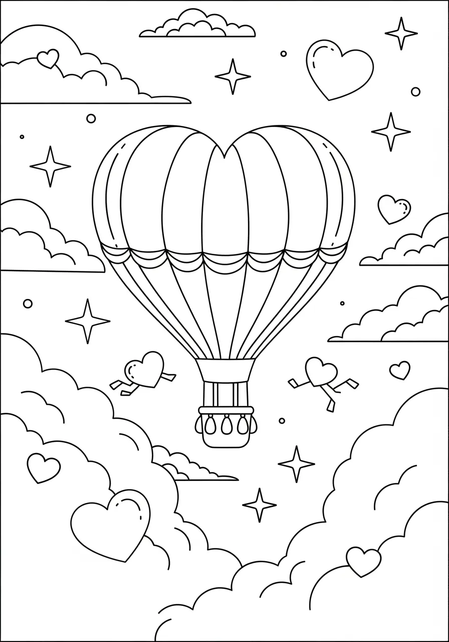 Heart-Shaped Hot Air Balloon Coloring Page -- prompt: "black lines only Fun coloring book style page featuring a large heart-shaped hot air balloon with bold black outlines floating through puffy clouds, surrounded by scattered floating hearts and twinkling stars across a cheerful sky scene flat black lines, premium coloring page, coloring sheet, line drawing, Coloring Book, NO COLOR, NO SHADING, WHITE BACKGROUND. NO GRAY, BLACK AND WHITE, NO COLOR" -- Soar into romance with this whimsical coloring page featuring a heart-shaped hot air balloon floating among puffy clouds. The intricate basket design and decorative balloon patterns provide plenty of coloring opportunities. Small hearts and stars scattered throughout the sky add magical touches to this dreamy Valentine scene.