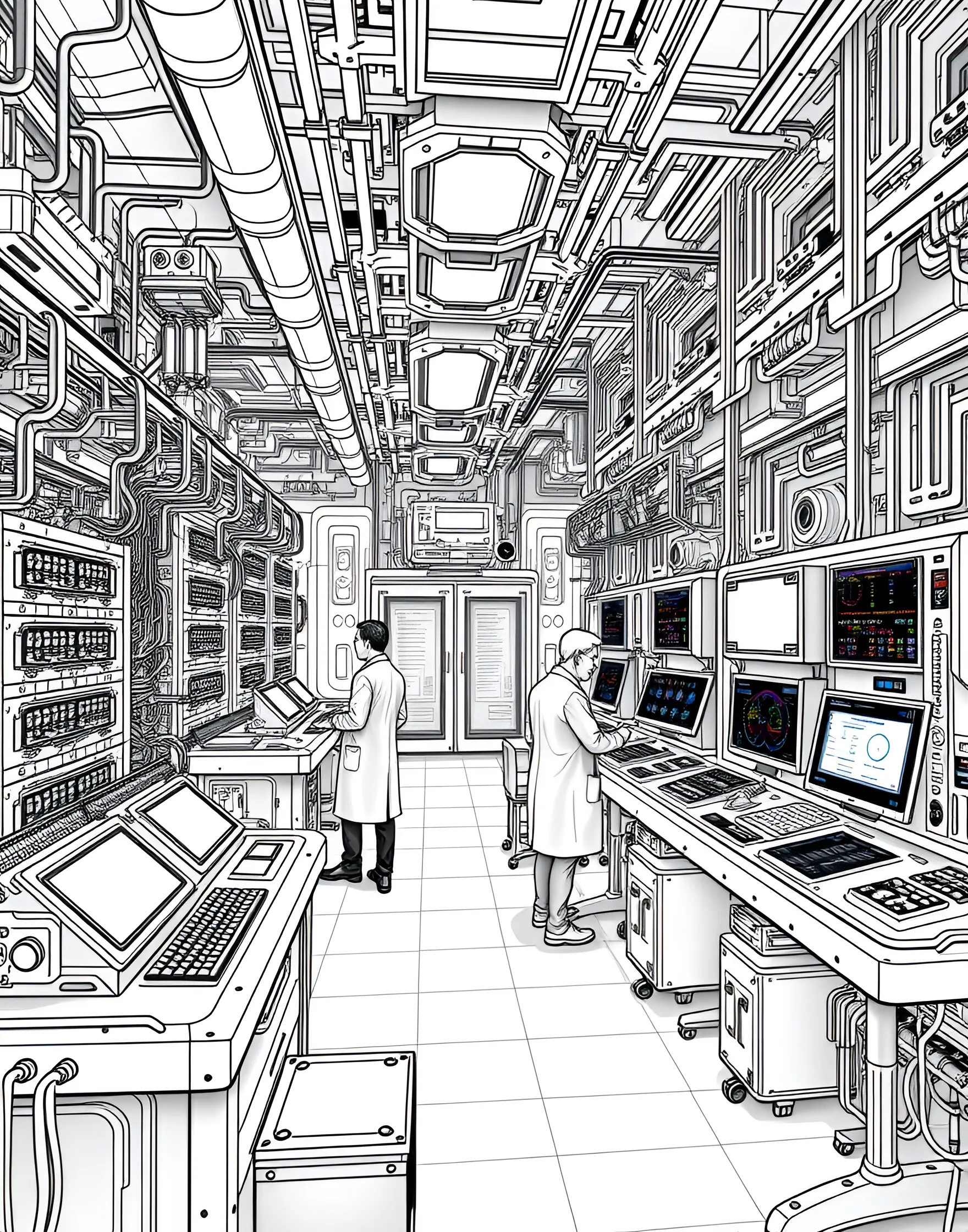 Quantum Computer Coloring Page -- prompt: "A large quantum computer with visible qubits and cooling systems, operated by scientists using holographic interfaces." -- Peer into the future of computing with this quantum computer coloring page. The intricate machine is shown with its complex array of qubits, cooling systems, and control mechanisms. Scientists work at holographic interfaces, pushing the boundaries of computational power in this cutting-edge facility.