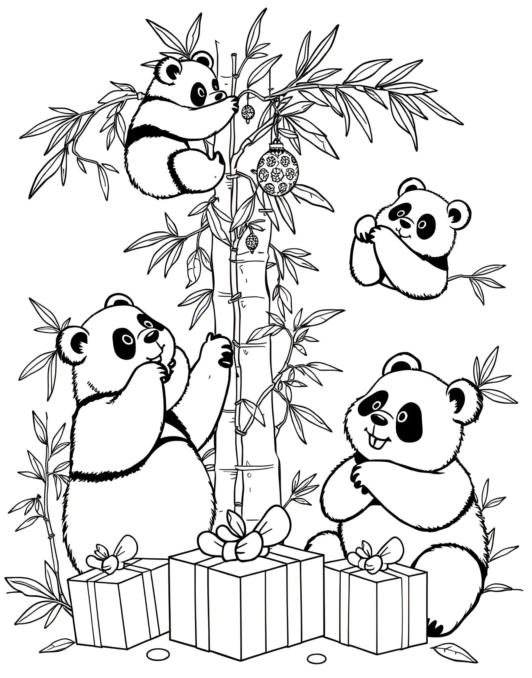 Panda's Bamboo Holiday Celebration Coloring Page -- prompt: "Pandas decorating a bamboo Christmas tree with leaf ornaments and bamboo-wrapped presents." -- Celebrate the holidays, panda-style, with this festive coloring page. Pandas decorate a Christmas tree made entirely of bamboo with ornaments crafted from colorful leaves and berries. Present boxes wrapped in bamboo leaves sit beneath the tree, awaiting eager panda cubs.