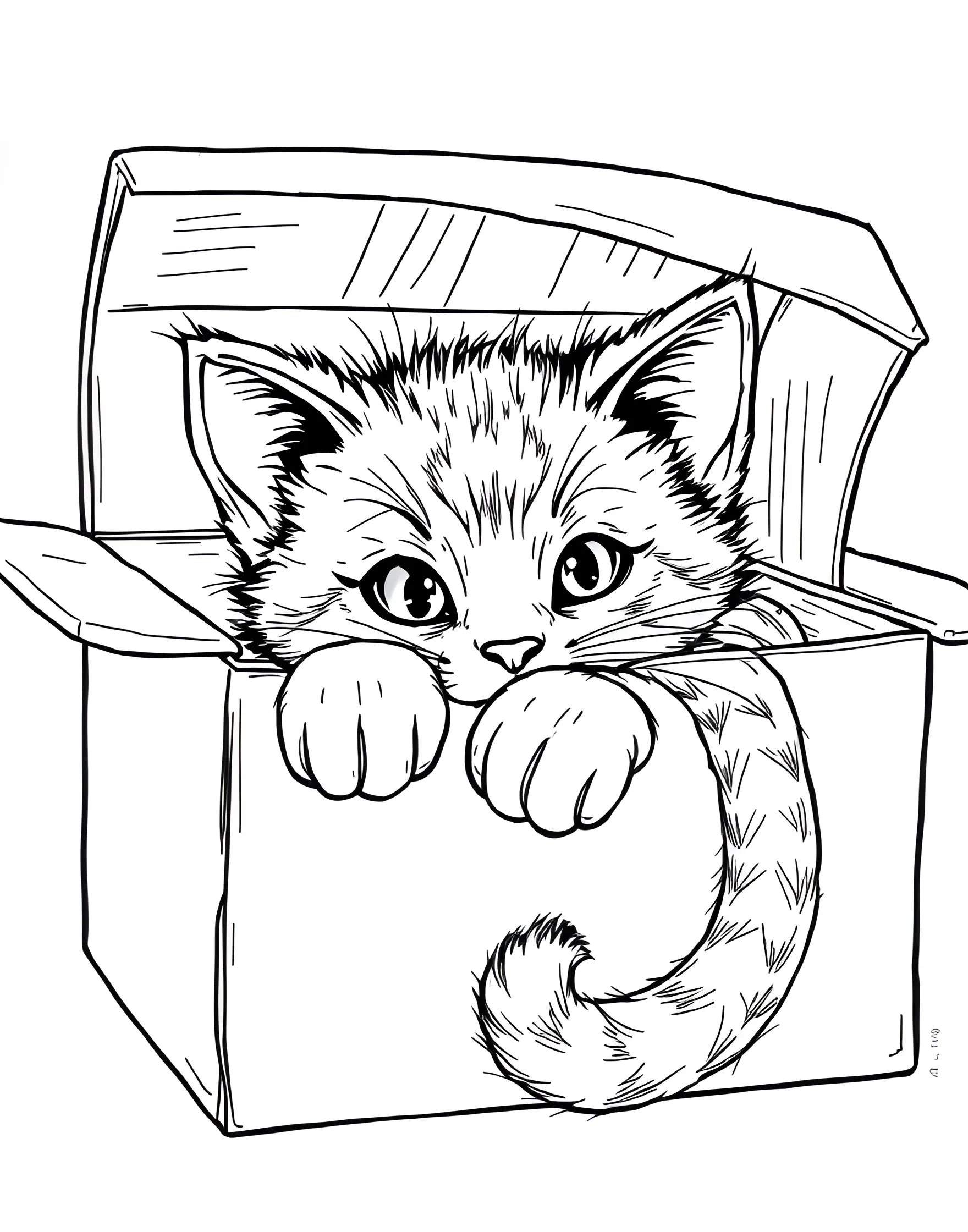 Cat in a Cardboard Box Coloring Page -- prompt: "A cat sitting comfortably inside a cardboard box, with just its head and paws visible." -- This amusing coloring page depicts a cat snugly fit inside a cardboard box. The cat's contented expression and peeking ears capture the universal feline love for boxes. It's a fun, relatable scene that cat owners will particularly appreciate.