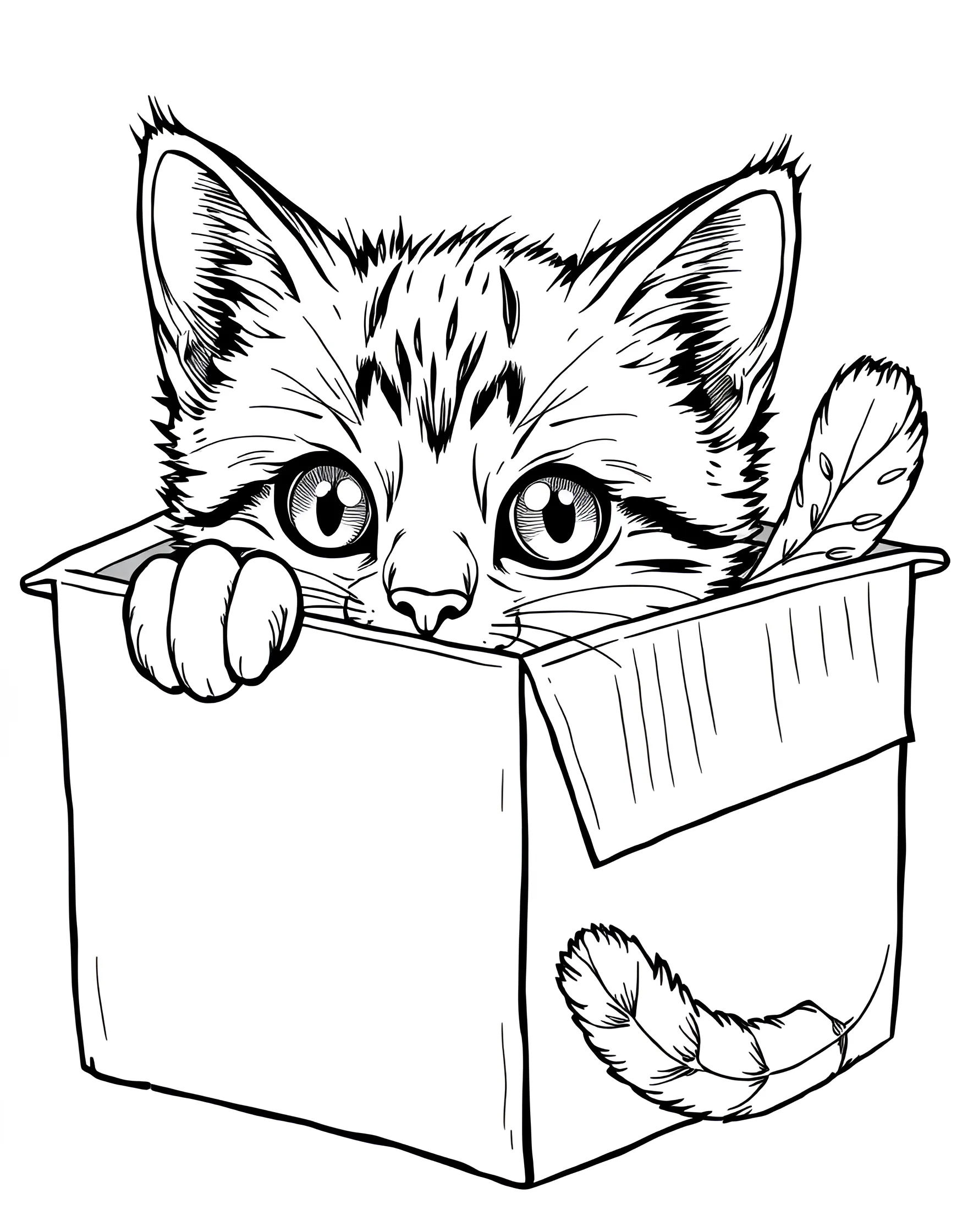 Cat in a Cardboard Box Coloring Page -- prompt: "A cat sitting comfortably inside a cardboard box, with just its head and paws visible." -- This amusing coloring page depicts a cat snugly fit inside a cardboard box. The cat's contented expression and peeking ears capture the universal feline love for boxes. It's a fun, relatable scene that cat owners will particularly appreciate.