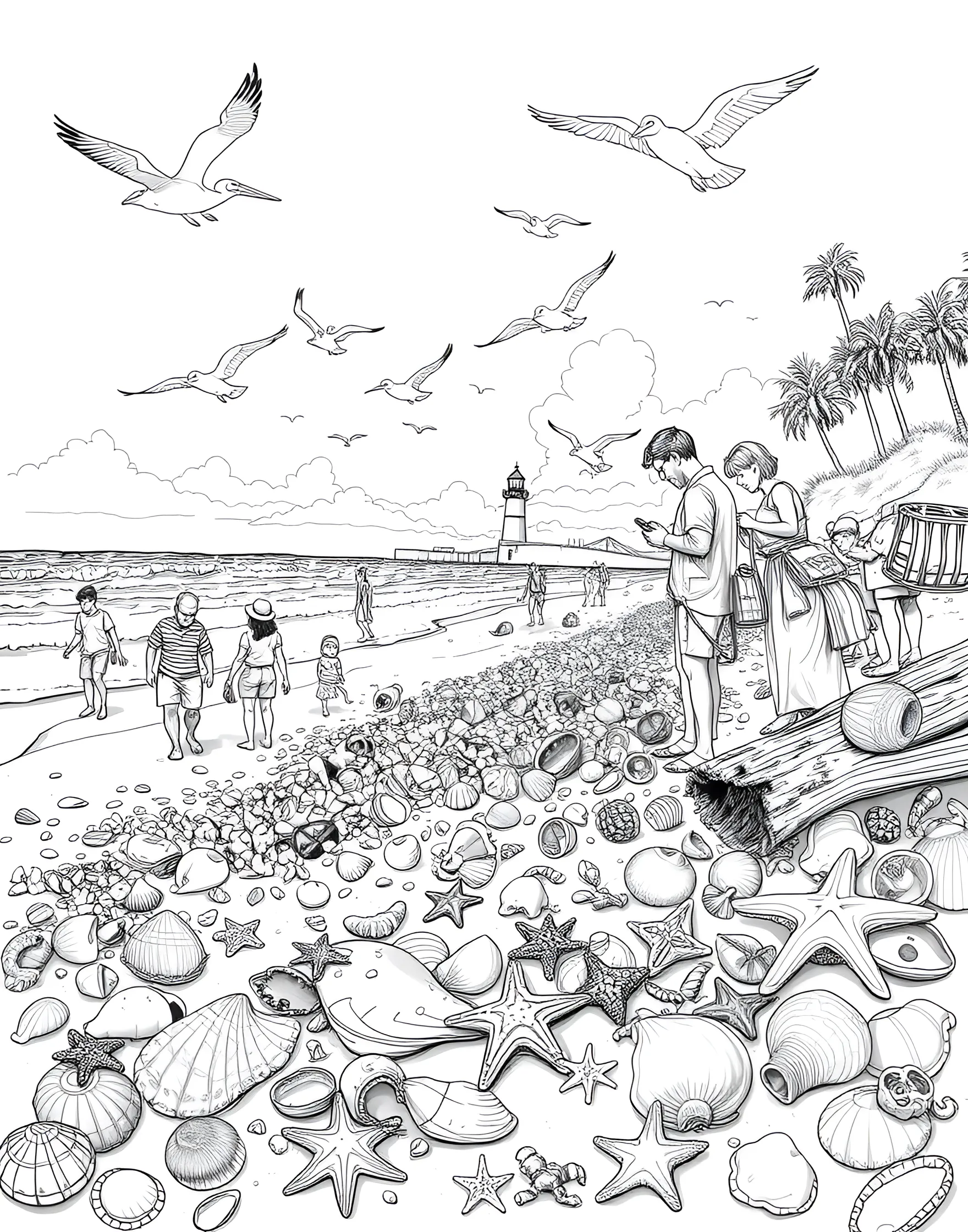 Beachcombing Adventure Coloring Page -- prompt: "People beachcombing for shells and treasures along a scenic shoreline." -- Discover seaside treasures with this engaging beachcombing scene. People search the shoreline for interesting shells, rocks, and sea glass, while seagulls watch from nearby. This page captures the curiosity and wonder of exploring summer beaches.