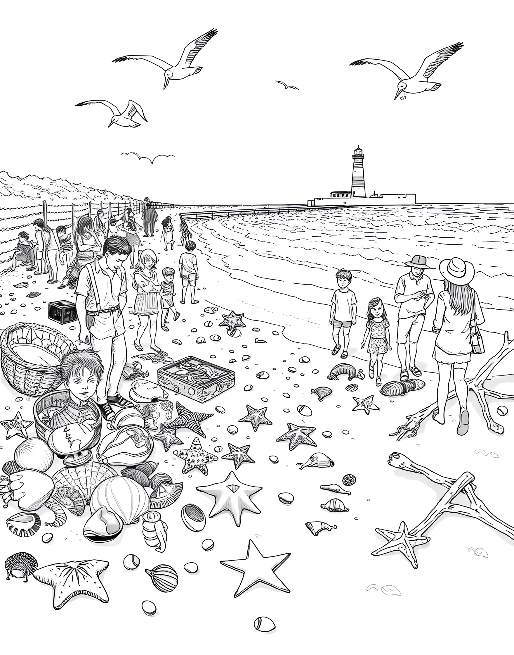 Beachcombing Adventure Coloring Page -- prompt: "People beachcombing for shells and treasures along a scenic shoreline." -- Discover seaside treasures with this engaging beachcombing scene. People search the shoreline for interesting shells, rocks, and sea glass, while seagulls watch from nearby. This page captures the curiosity and wonder of exploring summer beaches.