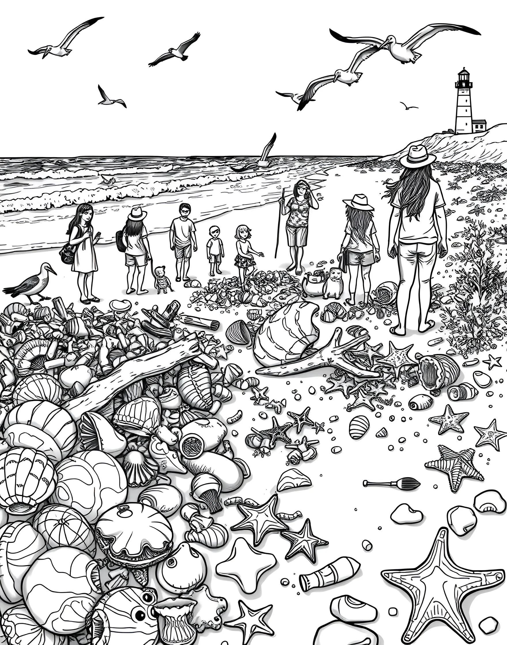 Beachcombing Adventure Coloring Page -- prompt: "People beachcombing for shells and treasures along a scenic shoreline." -- Discover seaside treasures with this engaging beachcombing scene. People search the shoreline for interesting shells, rocks, and sea glass, while seagulls watch from nearby. This page captures the curiosity and wonder of exploring summer beaches.