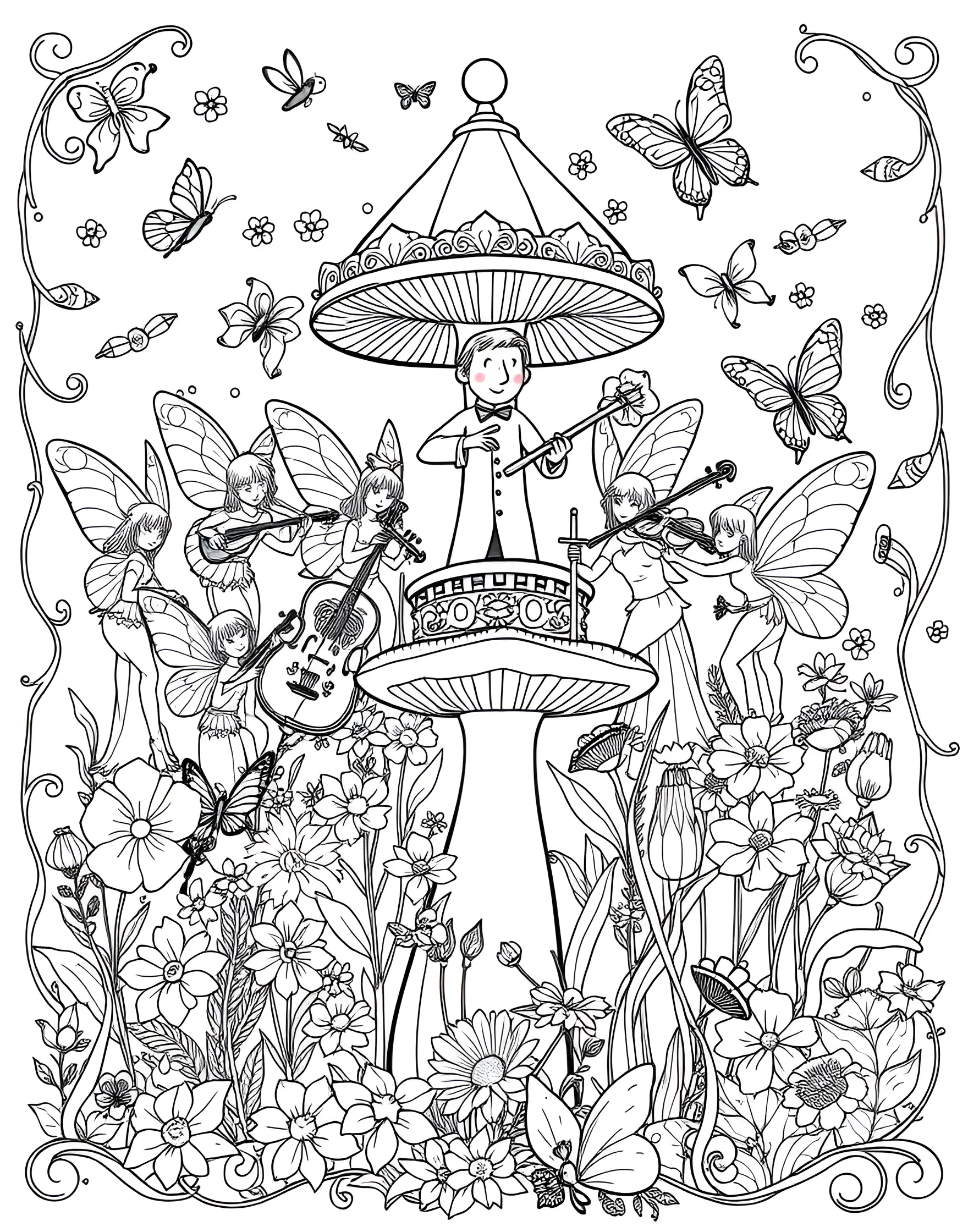 Fairy Orchestra Performing in a Flowerbed Coloring Page -- prompt: "A fairy orchestra performing in a flowerbed, playing natural instruments, with a conductor on a toadstool podium and an audience of flowers and garden creatures." -- Music fills the air in this delightful coloring page featuring a fairy orchestra. Fairy musicians play instruments crafted from natural objects - a thimble bell, grass blade violin, and acorn drum. The conductor stands atop a toadstool podium, directing the ensemble as they perform for an audience of flowers and garden creatures.