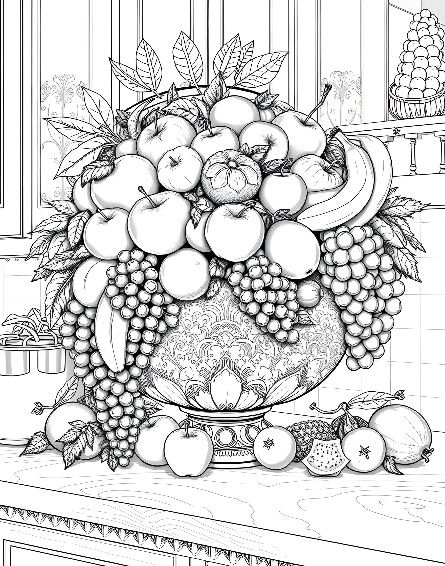 Fruit Bowl Bonanza Coloring Page -- prompt: "A large bowl filled with a variety of colorful fruits on a kitchen counter." -- A bountiful bowl of fresh fruits takes center stage in this coloring page. The array of shapes and textures provides an excellent opportunity for creative coloring. From smooth apples to textured pineapples, this page offers a fun way to learn about different fruits.