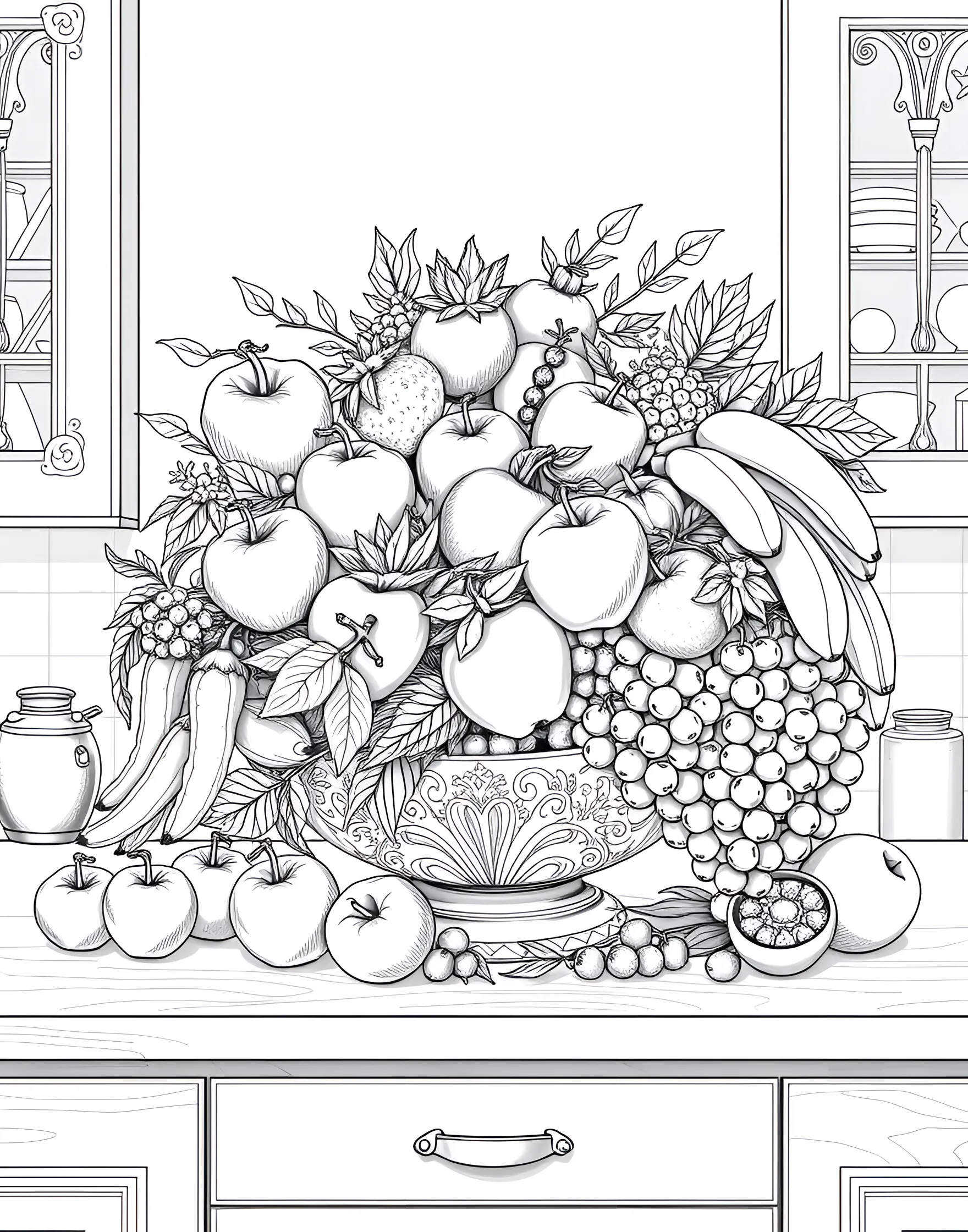 Fruit Bowl Bonanza Coloring Page -- prompt: "A large bowl filled with a variety of colorful fruits on a kitchen counter." -- A bountiful bowl of fresh fruits takes center stage in this coloring page. The array of shapes and textures provides an excellent opportunity for creative coloring. From smooth apples to textured pineapples, this page offers a fun way to learn about different fruits.