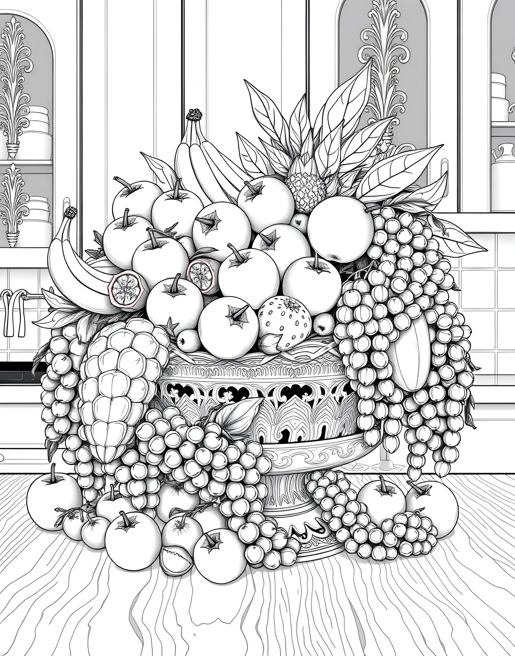 Fruit Bowl Bonanza Coloring Page -- prompt: "A large bowl filled with a variety of colorful fruits on a kitchen counter." -- A bountiful bowl of fresh fruits takes center stage in this coloring page. The array of shapes and textures provides an excellent opportunity for creative coloring. From smooth apples to textured pineapples, this page offers a fun way to learn about different fruits.