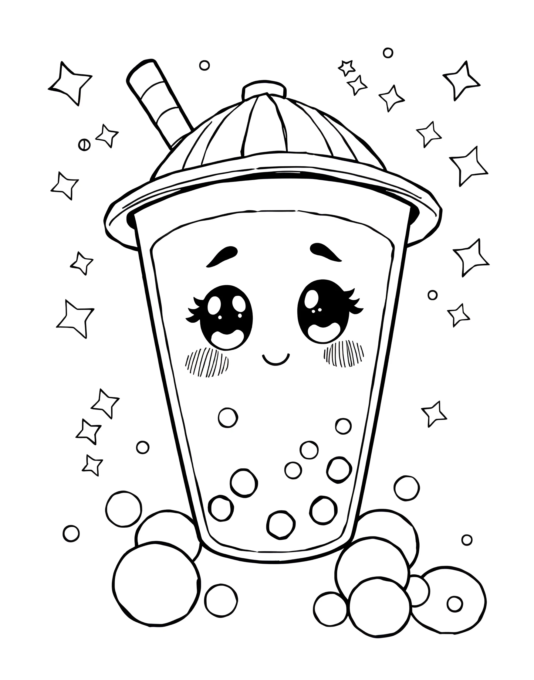 Kawaii Boba Mascot Coloring Page -- prompt: "A kawaii anthropomorphic boba cup character with a cute face, surrounded by floating tapioca pearls and stars." -- Meet the cutest boba mascot you've ever seen! This coloring page showcases an anthropomorphic boba cup with a happy face, tiny arms, and legs. The mascot is surrounded by floating tapioca pearls and stars, creating a playful and whimsical atmosphere.