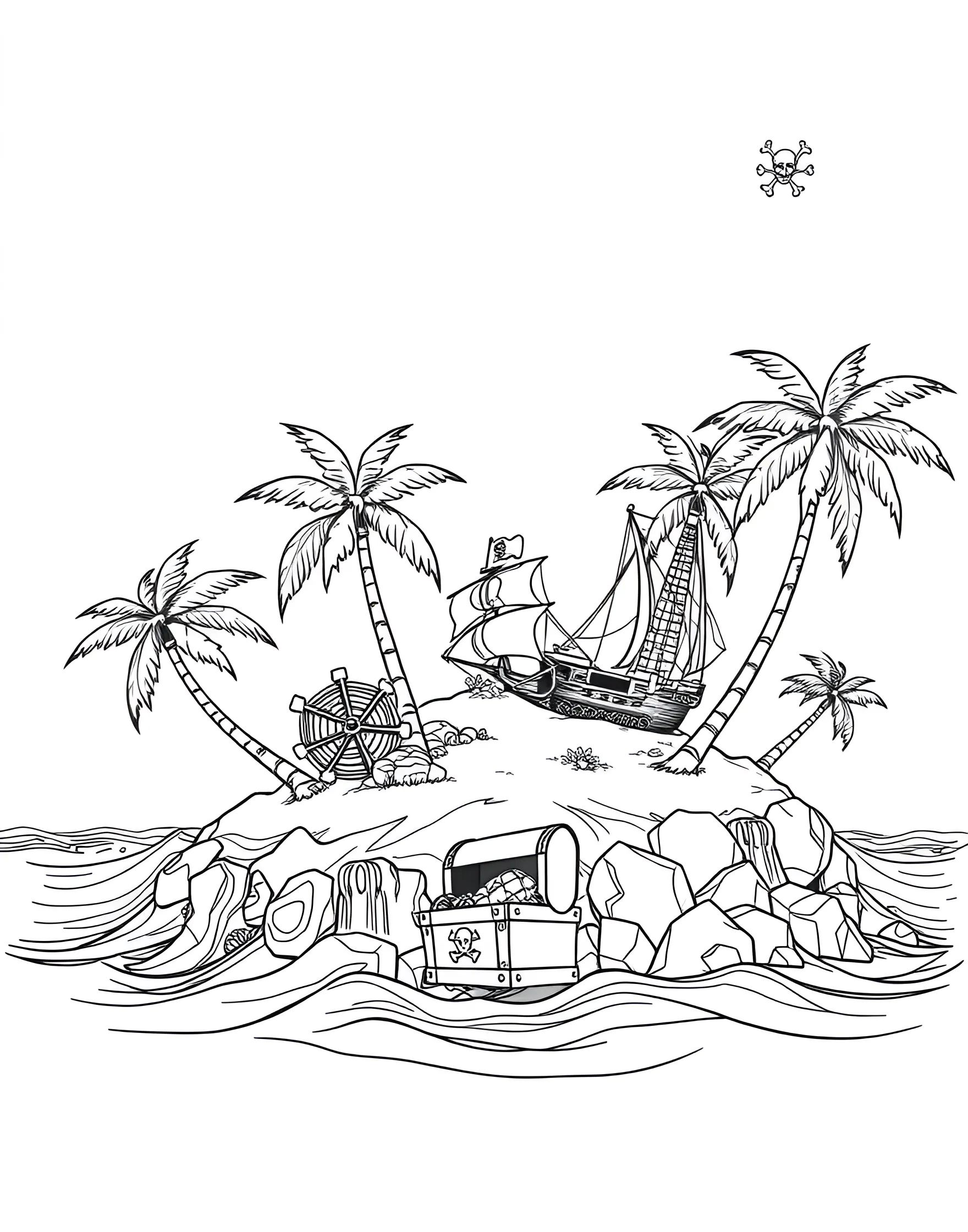 Desert Island with Palm Trees Coloring Page -- prompt: "A small desert island with palm trees, surrounded by blue ocean waves." -- Escape to a pirate's paradise with this desert island coloring page. Complete with swaying palm trees, sandy beaches, and perhaps a buried treasure, this scene is perfect for dreaming of tropical adventures. Add your own personal touch by including hidden treasures or shipwrecks.