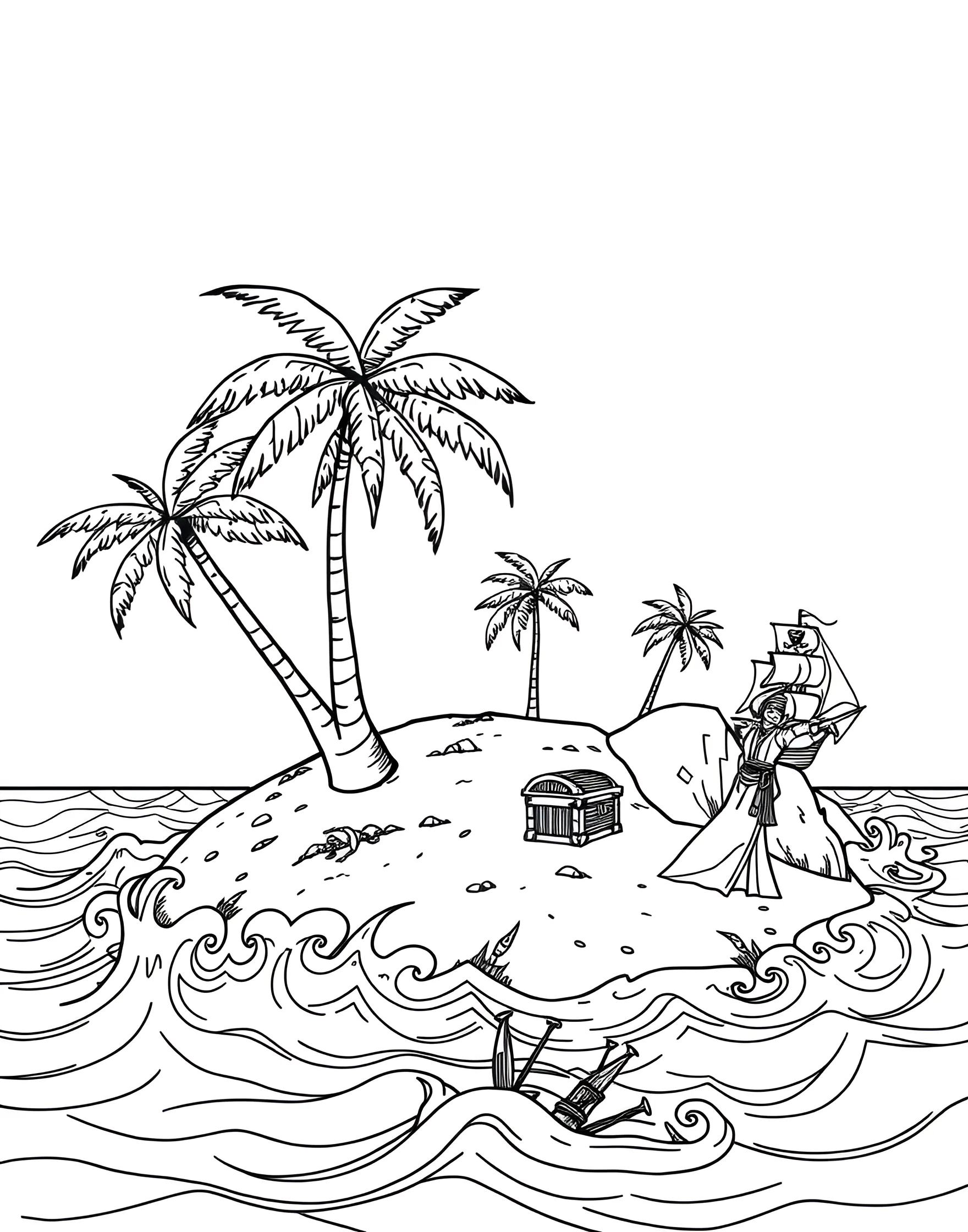 Desert Island with Palm Trees Coloring Page -- prompt: "A small desert island with palm trees, surrounded by blue ocean waves." -- Escape to a pirate's paradise with this desert island coloring page. Complete with swaying palm trees, sandy beaches, and perhaps a buried treasure, this scene is perfect for dreaming of tropical adventures. Add your own personal touch by including hidden treasures or shipwrecks.