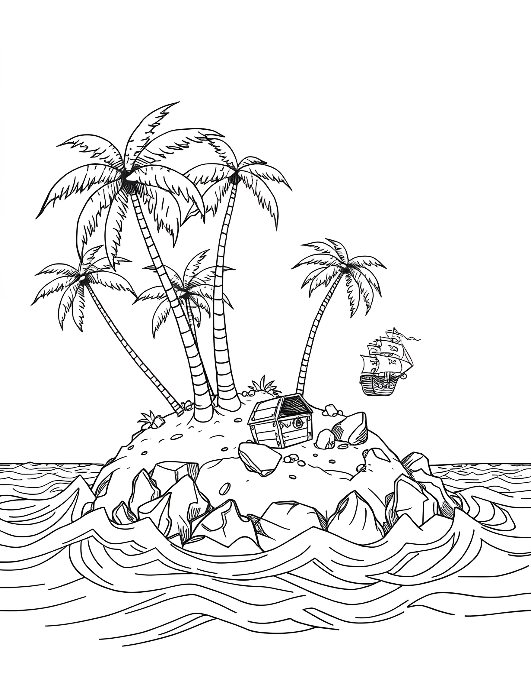 Desert Island with Palm Trees Coloring Page -- prompt: "A small desert island with palm trees, surrounded by blue ocean waves." -- Escape to a pirate's paradise with this desert island coloring page. Complete with swaying palm trees, sandy beaches, and perhaps a buried treasure, this scene is perfect for dreaming of tropical adventures. Add your own personal touch by including hidden treasures or shipwrecks.