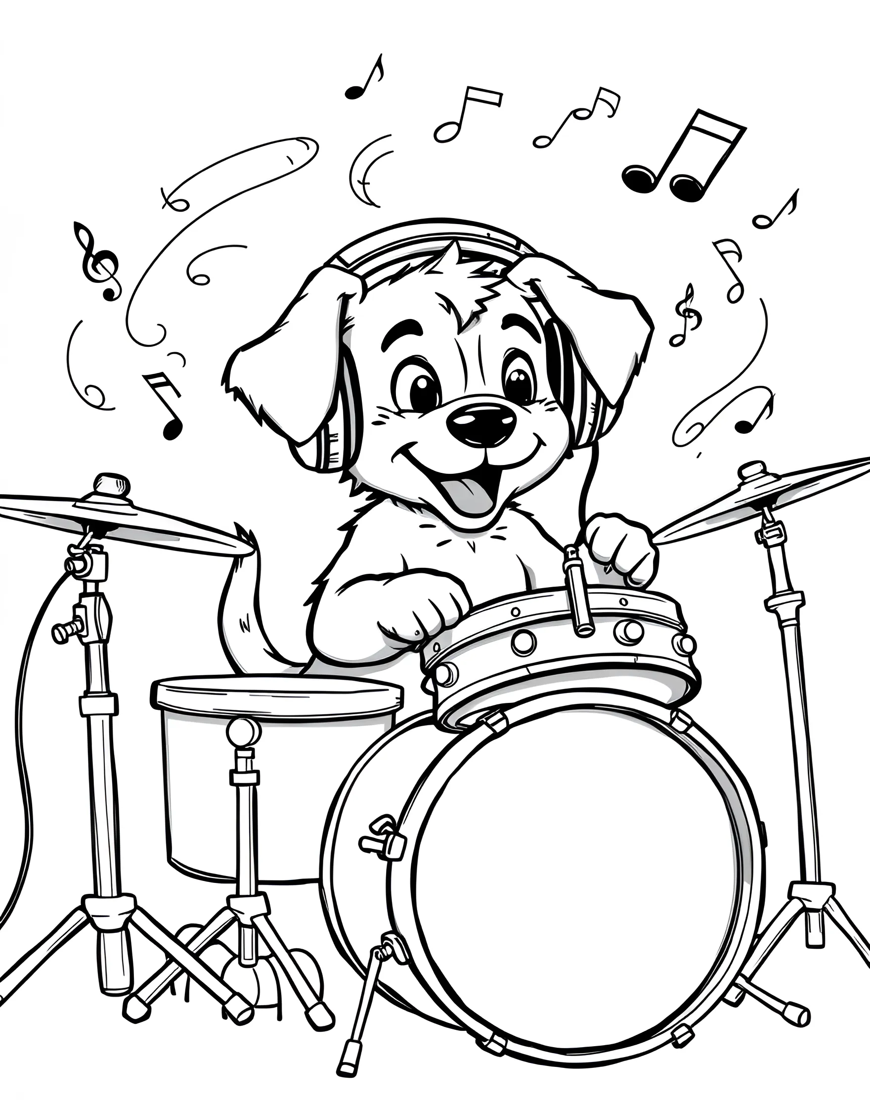 Puppy's Drum Set Performance Coloring Page -- prompt: "A puppy wearing headphones, playing a drum set with its paws, surrounded by musical notes." -- This musical coloring page shows a puppy rocking out on a drum set. The pup is wearing headphones and enthusiastically hitting the drums with its paws. It's an energetic scene that celebrates the joy of music and a puppy's boundless enthusiasm.