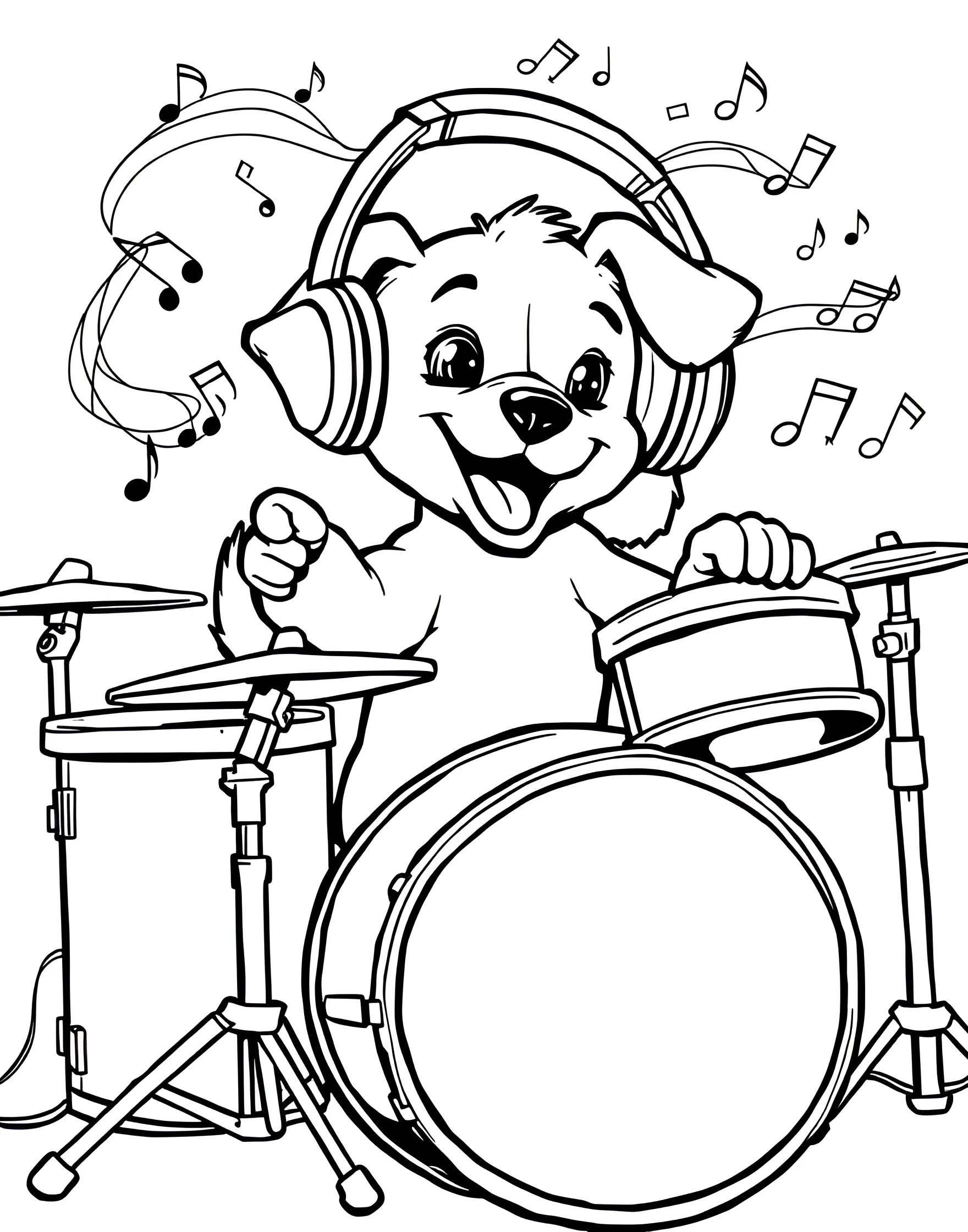 Puppy's Drum Set Performance Coloring Page -- prompt: "A puppy wearing headphones, playing a drum set with its paws, surrounded by musical notes." -- This musical coloring page shows a puppy rocking out on a drum set. The pup is wearing headphones and enthusiastically hitting the drums with its paws. It's an energetic scene that celebrates the joy of music and a puppy's boundless enthusiasm.