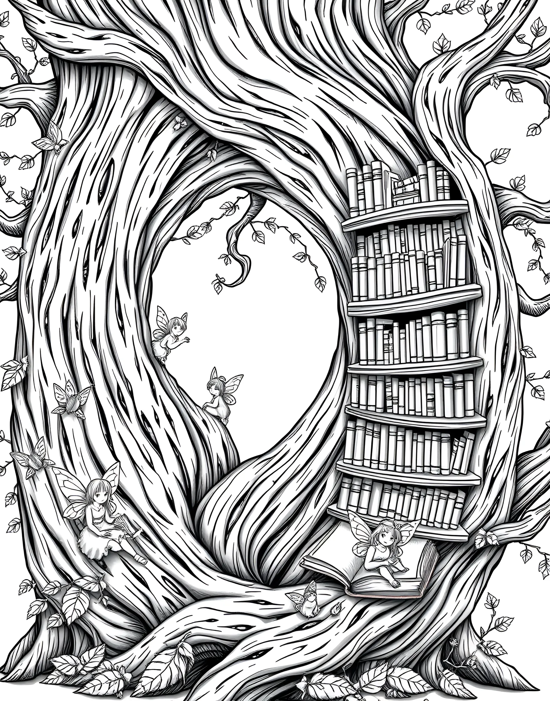 Fairy Librarian in the Book Tree Coloring Page -- prompt: "A fairy librarian organizing books on shelves built into a tree, with other fairies browsing and reading in nooks among the branches." -- This imaginative coloring page features a fairy librarian managing a vast collection of books housed within the branches of a magical tree. Tiny staircases wind between the shelves, and reading nooks are nestled among the leaves. Fairy patrons browse the collection, creating a bustling scene of literary wonder to color.