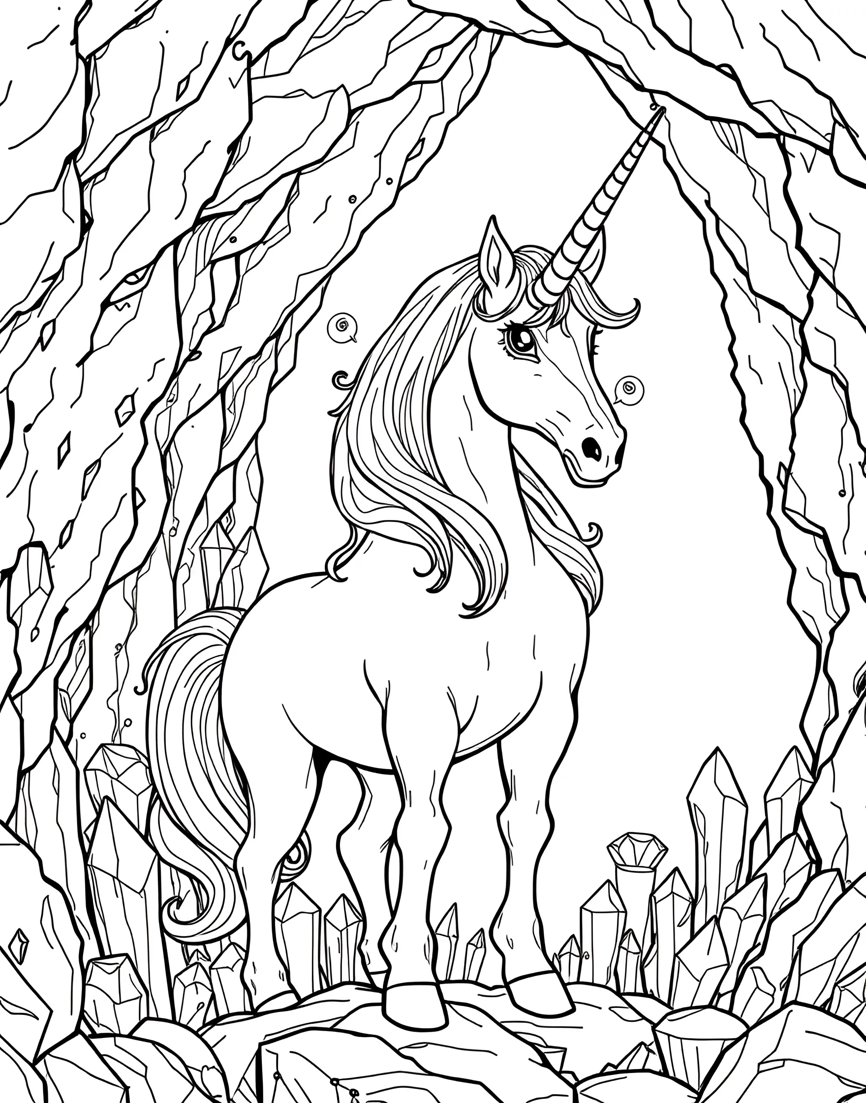 Unicorn in the Enchanted Crystal Cave Coloring Page -- prompt: "A unicorn standing in a cave filled with various crystals and gemstones, its horn glowing." -- Explore a hidden wonder with this mystical coloring page of a unicorn in an enchanted crystal cave. Surrounded by glittering gemstones and magical crystals, the unicorn's horn seems to glow with inner light. This page is perfect for those who love to create scenes full of sparkle and wonder.