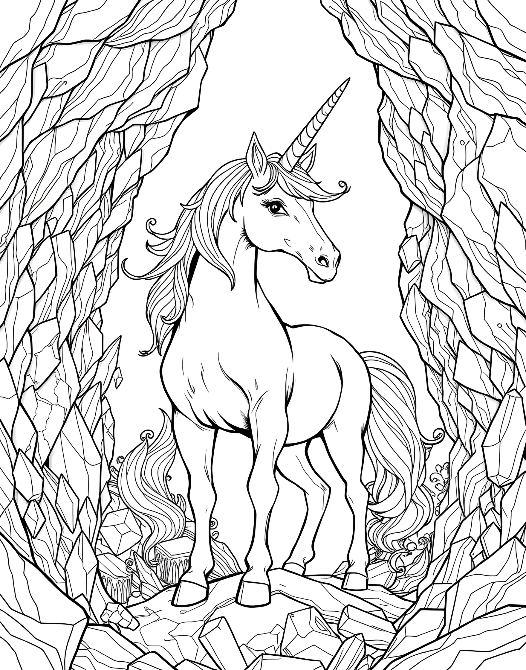 Unicorn in the Enchanted Crystal Cave Coloring Page -- prompt: "A unicorn standing in a cave filled with various crystals and gemstones, its horn glowing." -- Explore a hidden wonder with this mystical coloring page of a unicorn in an enchanted crystal cave. Surrounded by glittering gemstones and magical crystals, the unicorn's horn seems to glow with inner light. This page is perfect for those who love to create scenes full of sparkle and wonder.