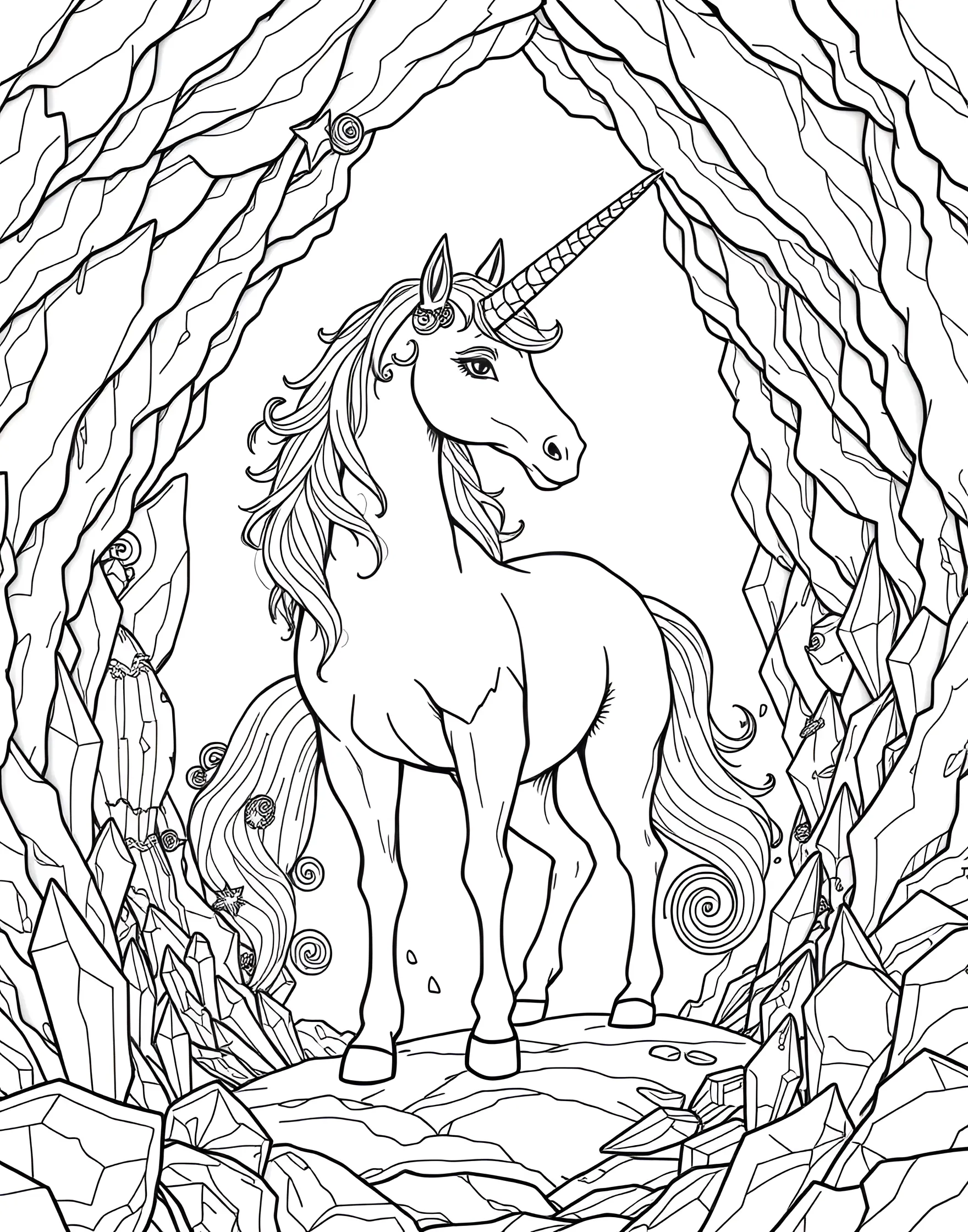 Unicorn in the Enchanted Crystal Cave Coloring Page -- prompt: "A unicorn standing in a cave filled with various crystals and gemstones, its horn glowing." -- Explore a hidden wonder with this mystical coloring page of a unicorn in an enchanted crystal cave. Surrounded by glittering gemstones and magical crystals, the unicorn's horn seems to glow with inner light. This page is perfect for those who love to create scenes full of sparkle and wonder.