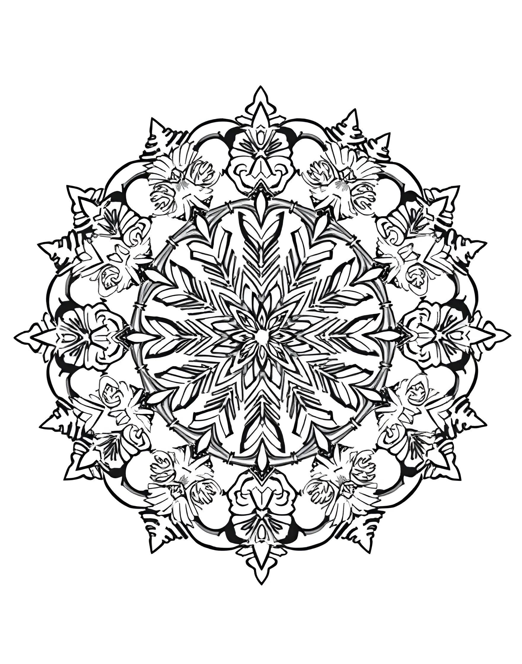 Snowflake Crystal Mandala Coloring Page -- prompt: "A circular mandala featuring intricate snowflake and ice crystal patterns, arranged in a symmetrical, winter-inspired design." -- Embrace the beauty of winter with this intricate snowflake mandala. Delicate ice crystals form a stunning circular pattern, each one unique yet part of a greater whole. This page offers a cool, calming coloring experience.