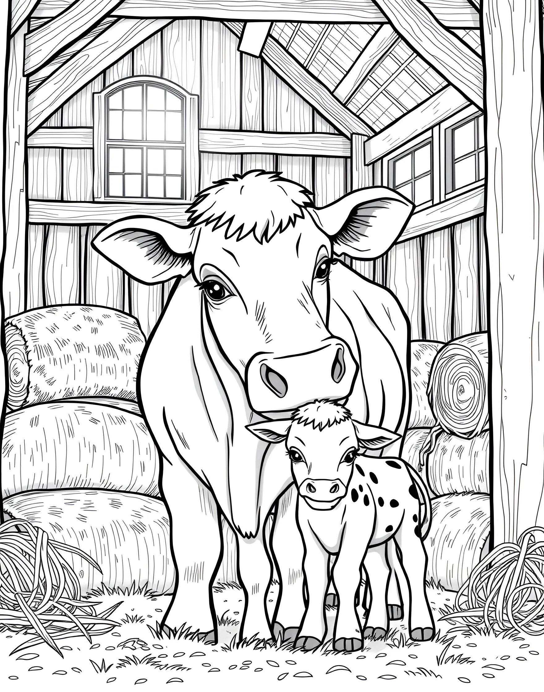 Cow and Calf Bonding Coloring Page -- prompt: "A mother cow nuzzling her calf in a barn with hay bales in the background." -- This heartwarming coloring page depicts a tender moment between a mother cow and her calf. The two are shown nuzzling each other in a cozy barn setting, surrounded by hay bales. It's a beautiful representation of animal families that children will love bringing to life with colors.