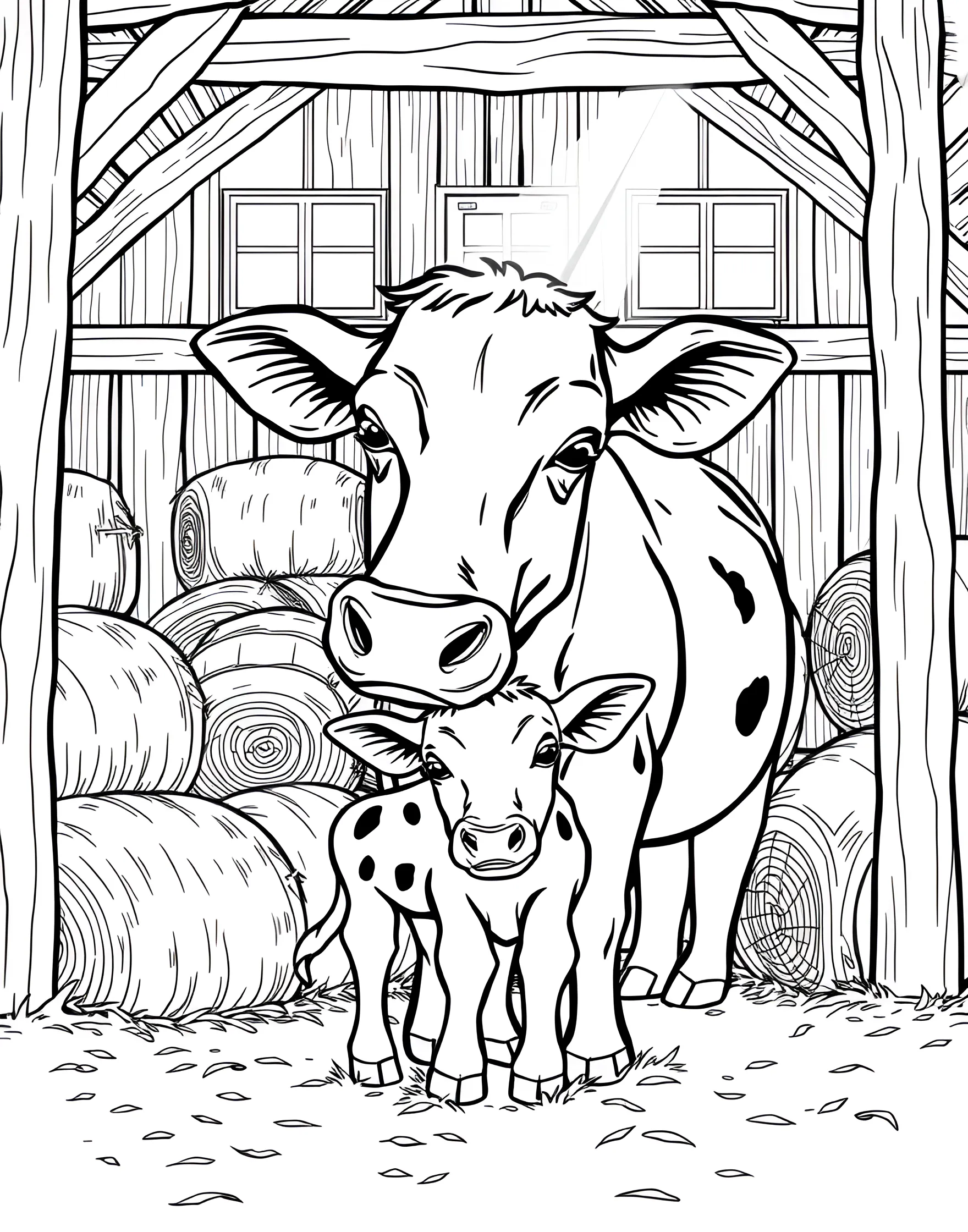 Cow and Calf Bonding Coloring Page -- prompt: "A mother cow nuzzling her calf in a barn with hay bales in the background." -- This heartwarming coloring page depicts a tender moment between a mother cow and her calf. The two are shown nuzzling each other in a cozy barn setting, surrounded by hay bales. It's a beautiful representation of animal families that children will love bringing to life with colors.