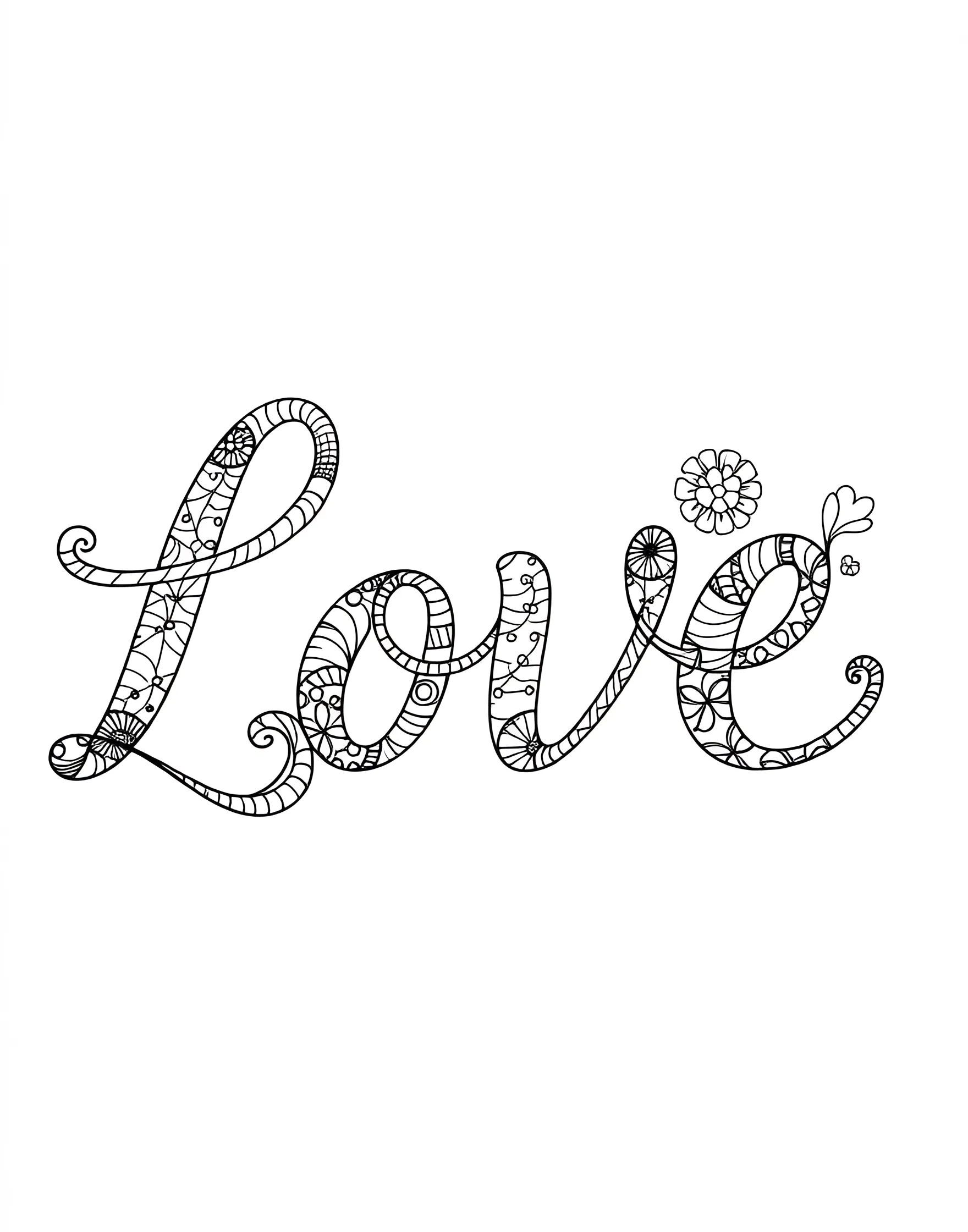 Zentangle Love Word Coloring Page -- prompt: "The word 'Love' in script letters, each filled with different zentangle patterns." -- This creative coloring page features the word 'Love' written in a bold, flowing script, with each letter filled with intricate zentangle patterns. The patterns vary from letter to letter, offering a diverse and engaging coloring experience. This page is ideal for those who enjoy combining word art with meditative pattern coloring.