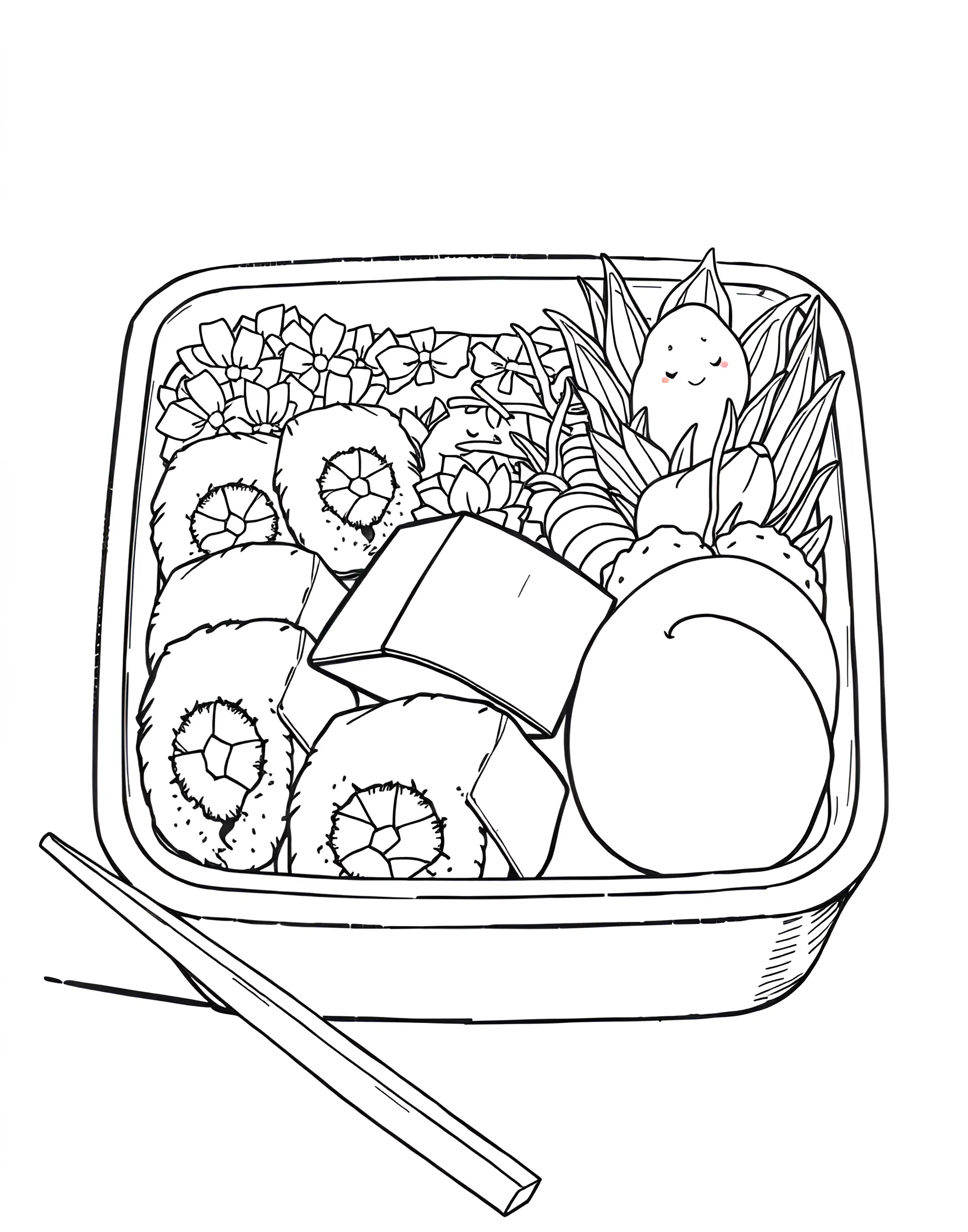 Bento Box Bonanza Coloring Page -- prompt: "A Japanese bento box filled with various dishes including rice, fish, vegetables, and a small dessert." -- Explore Japanese cuisine with this detailed bento box coloring page. The compartmentalized lunch box is filled with various dishes, from rice and fish to vegetables and dessert. It's a great way to learn about balanced meals and Japanese food culture.