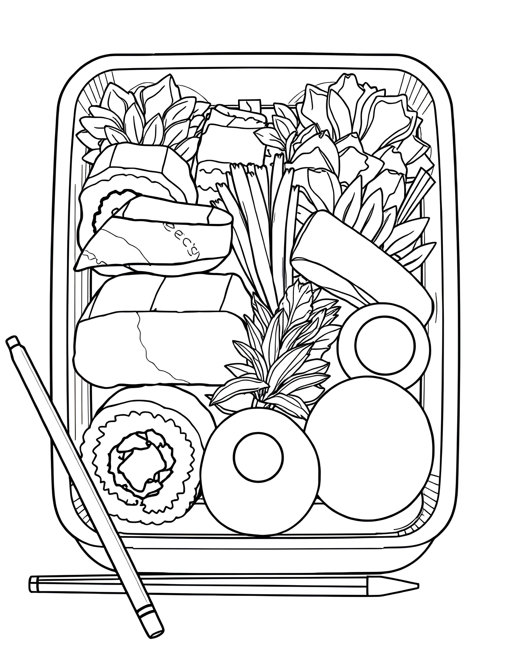 Bento Box Bonanza Coloring Page -- prompt: "A Japanese bento box filled with various dishes including rice, fish, vegetables, and a small dessert." -- Explore Japanese cuisine with this detailed bento box coloring page. The compartmentalized lunch box is filled with various dishes, from rice and fish to vegetables and dessert. It's a great way to learn about balanced meals and Japanese food culture.