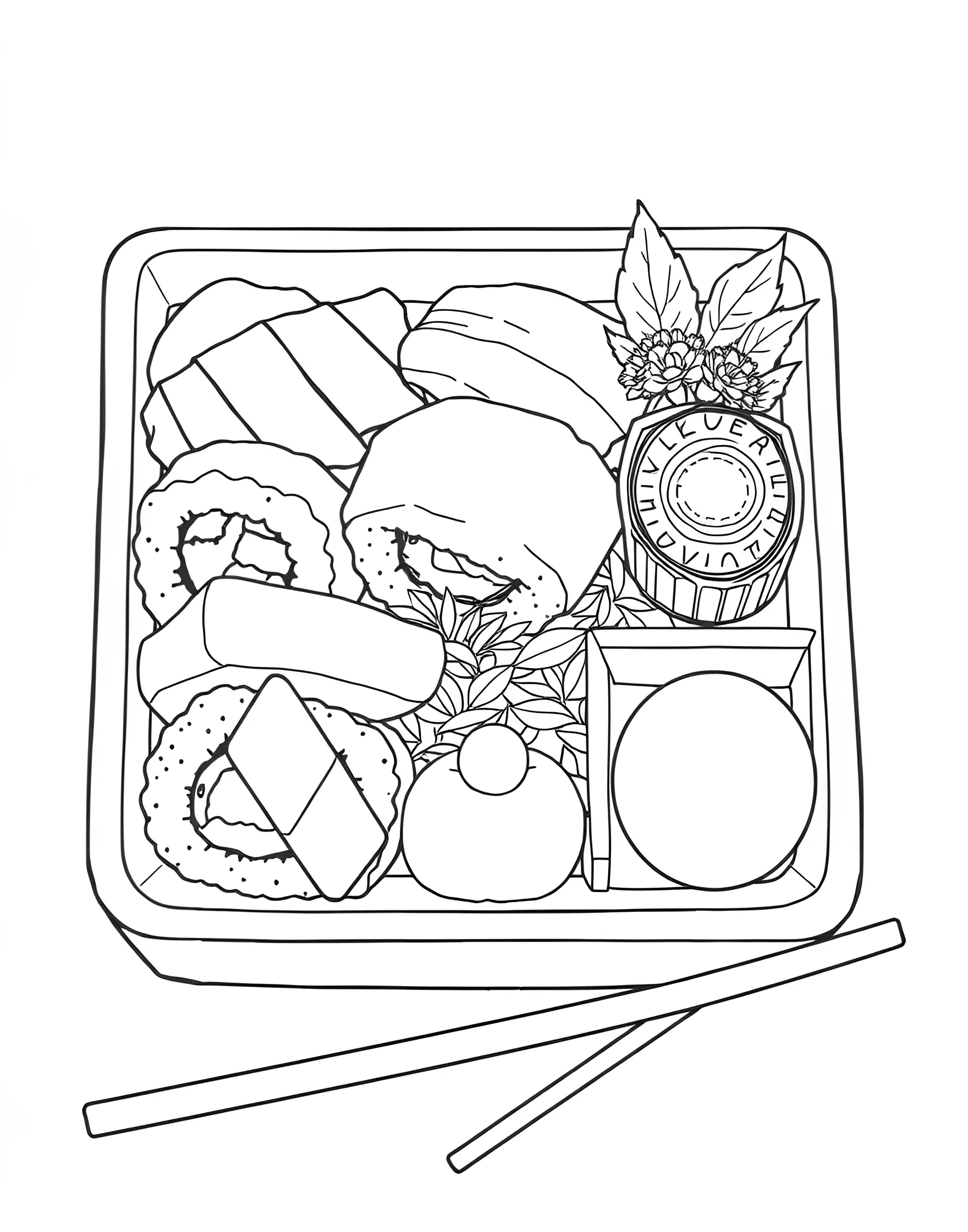 Bento Box Bonanza Coloring Page -- prompt: "A Japanese bento box filled with various dishes including rice, fish, vegetables, and a small dessert." -- Explore Japanese cuisine with this detailed bento box coloring page. The compartmentalized lunch box is filled with various dishes, from rice and fish to vegetables and dessert. It's a great way to learn about balanced meals and Japanese food culture.