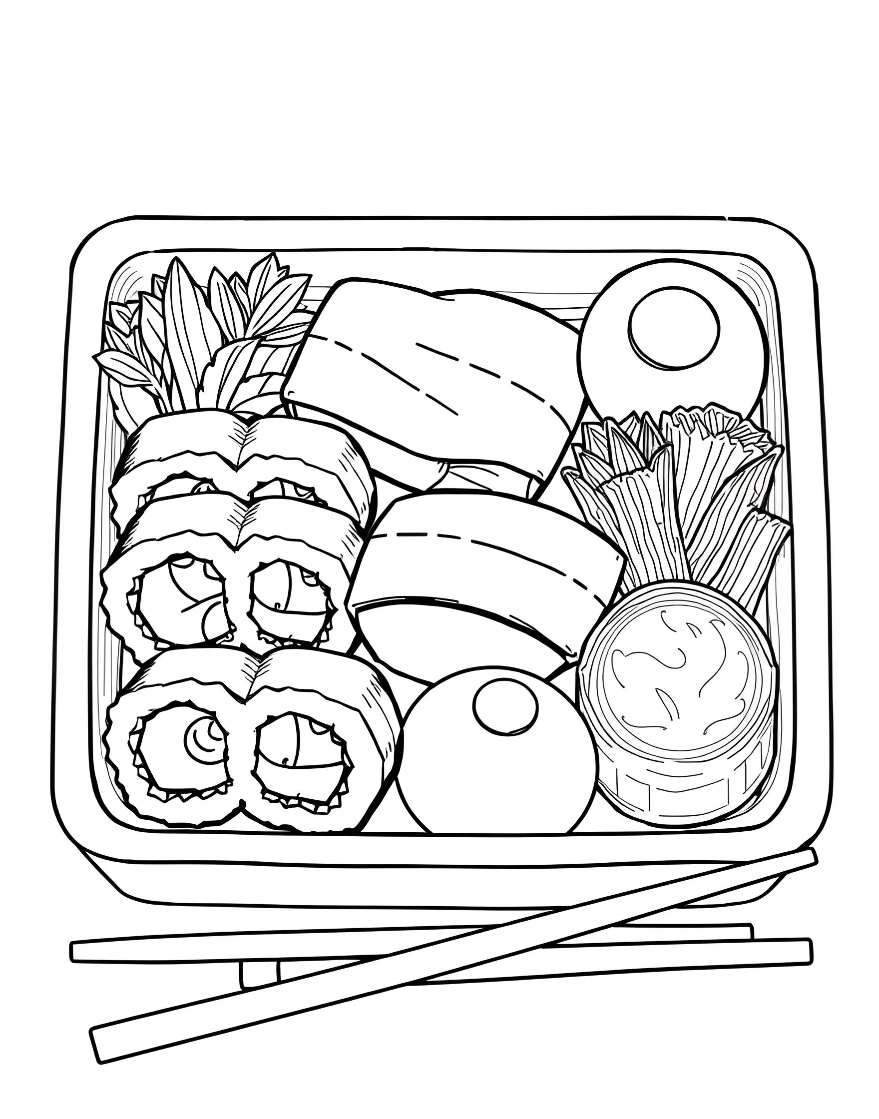 Bento Box Bonanza Coloring Page -- prompt: "A Japanese bento box filled with various dishes including rice, fish, vegetables, and a small dessert." -- Explore Japanese cuisine with this detailed bento box coloring page. The compartmentalized lunch box is filled with various dishes, from rice and fish to vegetables and dessert. It's a great way to learn about balanced meals and Japanese food culture.