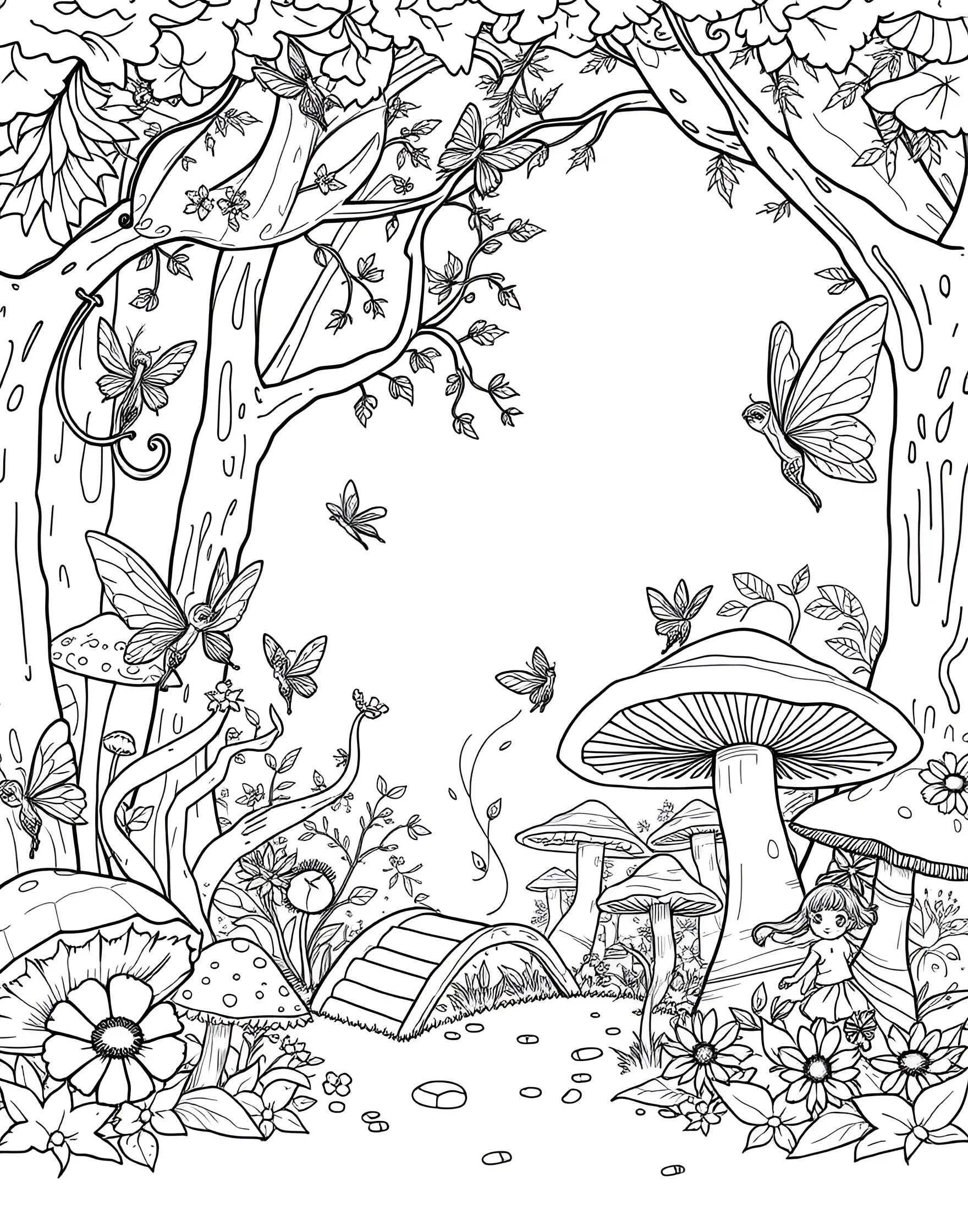 Fairy Playground in the Mushroom Forest Coloring Page -- prompt: "Fairies playing on a playground made of giant mushrooms and flowers in a magical forest." -- This whimsical coloring page transports girls to a magical fairy playground nestled in a forest of giant mushrooms. Tiny fairies swing on spider silk, slide down flower petals, and play hide-and-seek among the toadstools. Fireflies light up the scene, adding a touch of sparkle to this enchanting woodland adventure that's sure to captivate young imaginations.