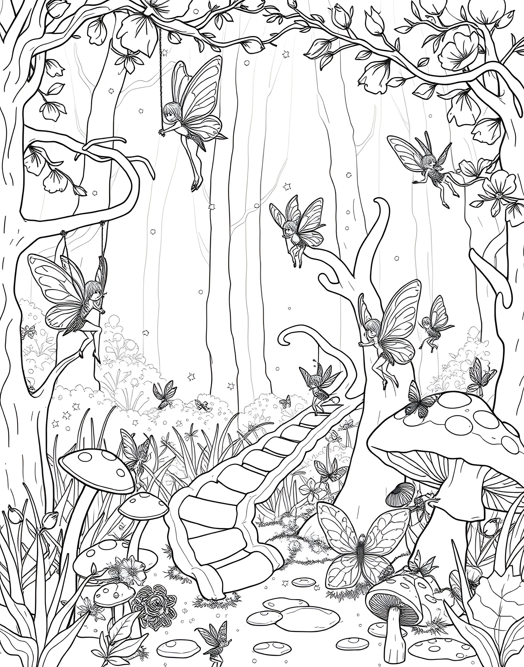 Fairy Playground in the Mushroom Forest Coloring Page -- prompt: "Fairies playing on a playground made of giant mushrooms and flowers in a magical forest." -- This whimsical coloring page transports girls to a magical fairy playground nestled in a forest of giant mushrooms. Tiny fairies swing on spider silk, slide down flower petals, and play hide-and-seek among the toadstools. Fireflies light up the scene, adding a touch of sparkle to this enchanting woodland adventure that's sure to captivate young imaginations.