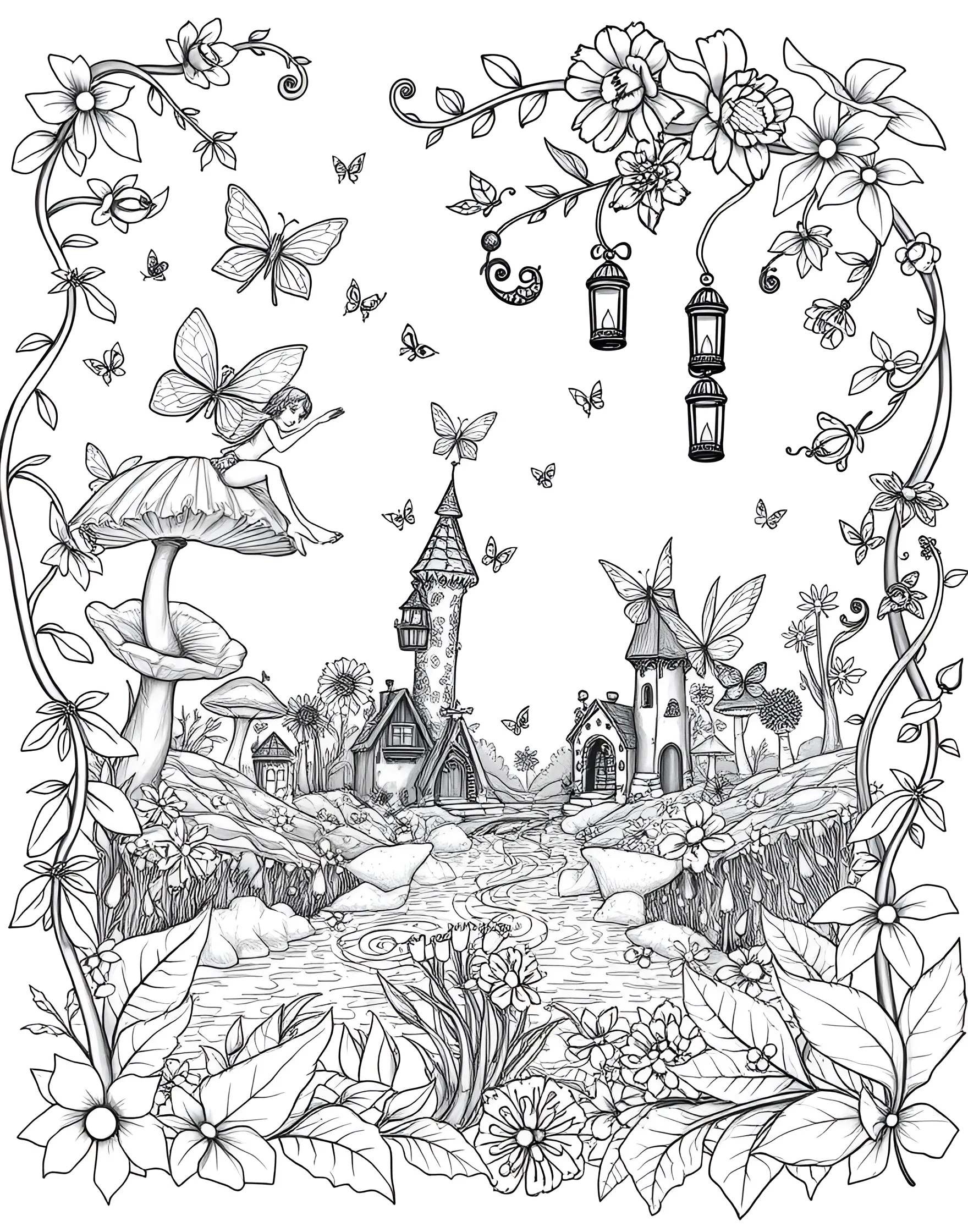 Enchanted Fairy Garden Coloring Page -- prompt: "A whimsical fairy garden scene with tiny fairies, oversized flowers, and magical elements, designed for adult coloring." -- Step into a magical world with this enchanted fairy garden coloring page. Delicate fairies flit among oversized flowers, toadstools, and whimsical foliage. The intricate details and fantastical elements offer a delightful escape into a realm of imagination and wonder.