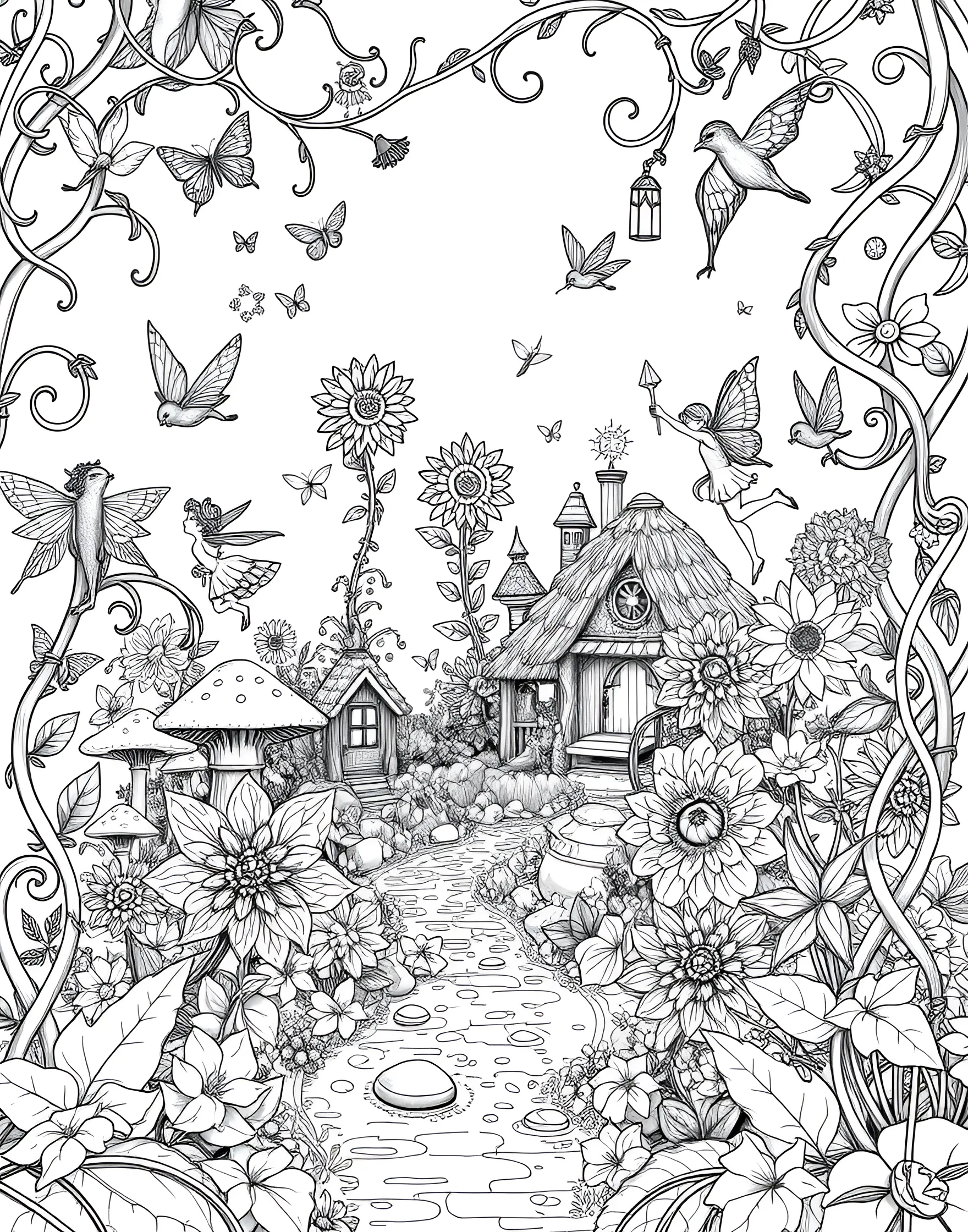 Enchanted Fairy Garden Coloring Page -- prompt: "A whimsical fairy garden scene with tiny fairies, oversized flowers, and magical elements, designed for adult coloring." -- Step into a magical world with this enchanted fairy garden coloring page. Delicate fairies flit among oversized flowers, toadstools, and whimsical foliage. The intricate details and fantastical elements offer a delightful escape into a realm of imagination and wonder.