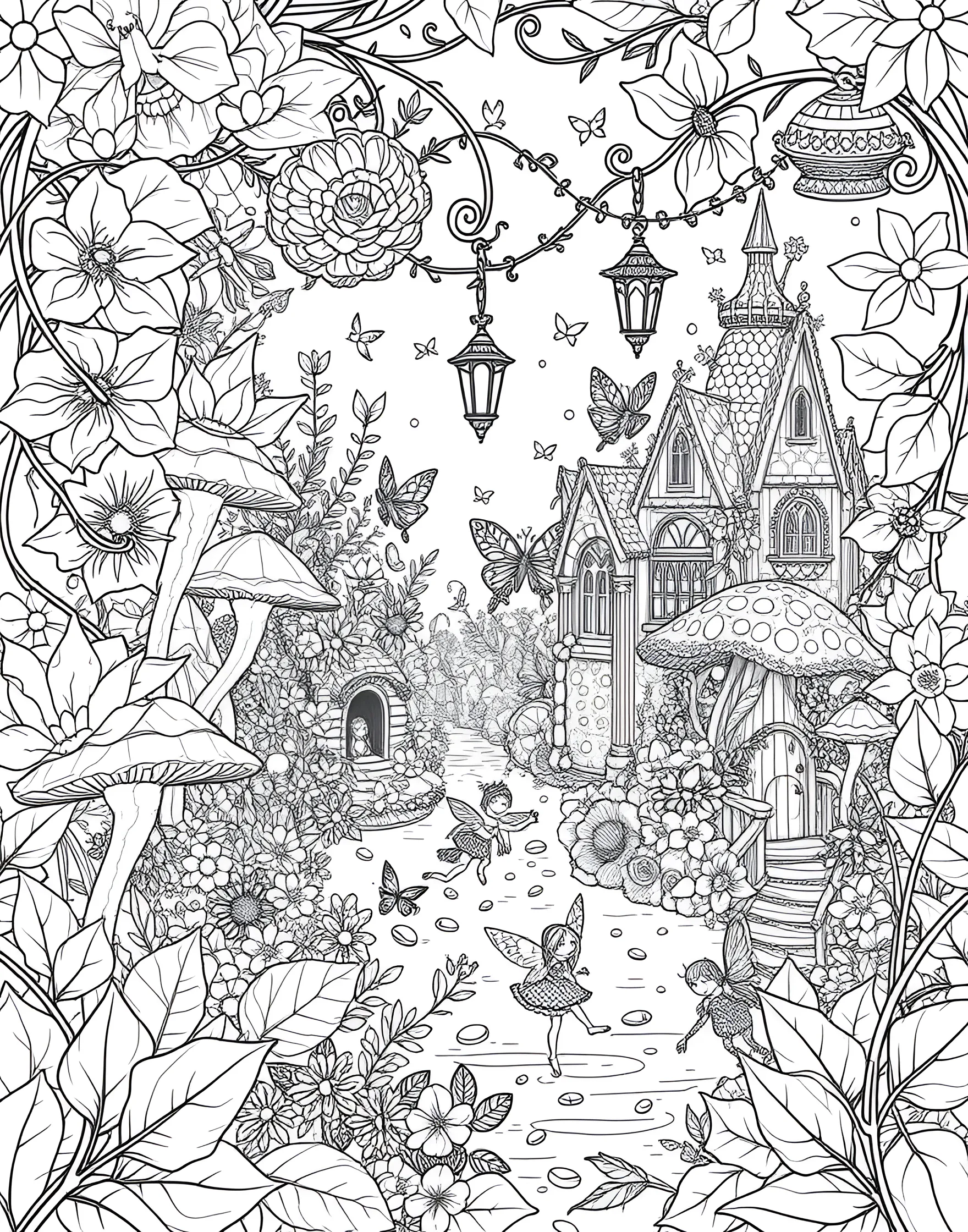 Enchanted Fairy Garden Coloring Page -- prompt: "A whimsical fairy garden scene with tiny fairies, oversized flowers, and magical elements, designed for adult coloring." -- Step into a magical world with this enchanted fairy garden coloring page. Delicate fairies flit among oversized flowers, toadstools, and whimsical foliage. The intricate details and fantastical elements offer a delightful escape into a realm of imagination and wonder.