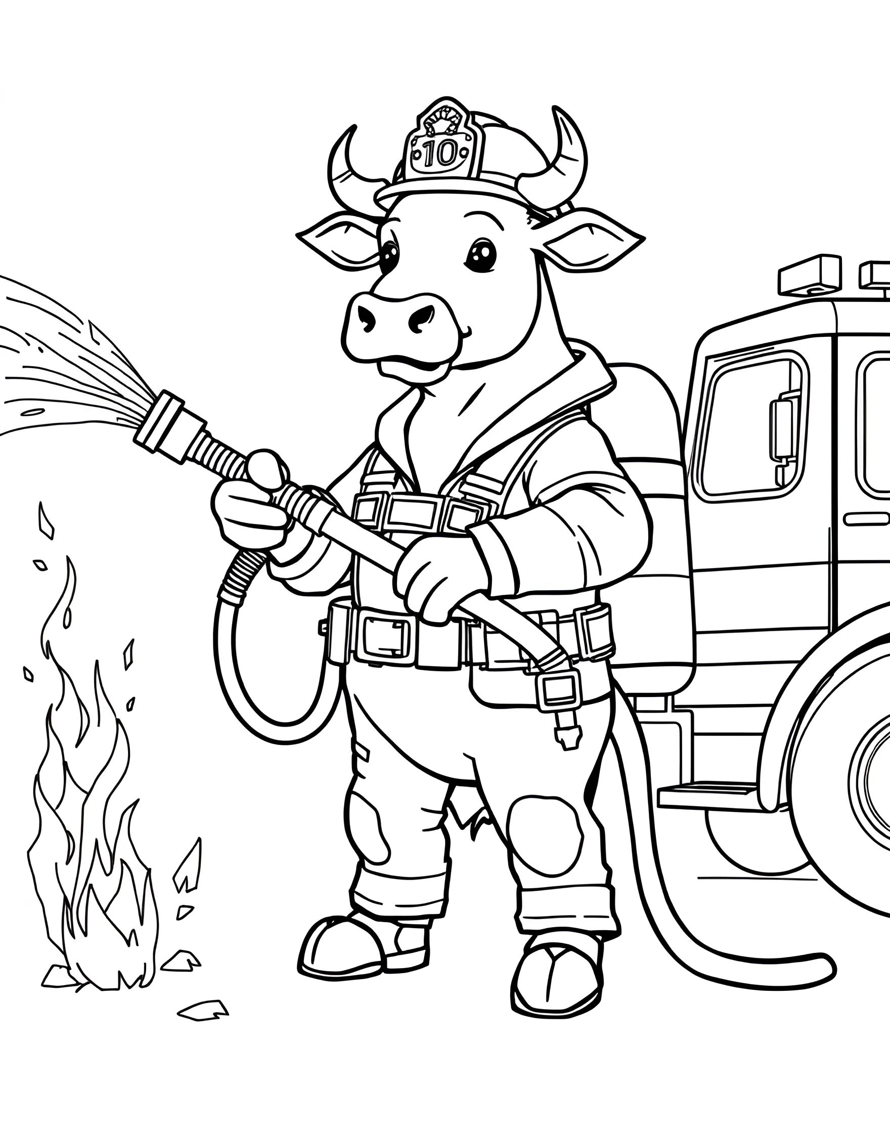 Cow Firefighter Saving the Day Coloring Page -- prompt: "A cow dressed as a firefighter using a hose to extinguish a fire." -- Honor everyday heroes with this brave cow firefighter coloring page. The cow is depicted wearing firefighter gear and using a hose to put out a small blaze. This page combines excitement with the important message of fire safety.