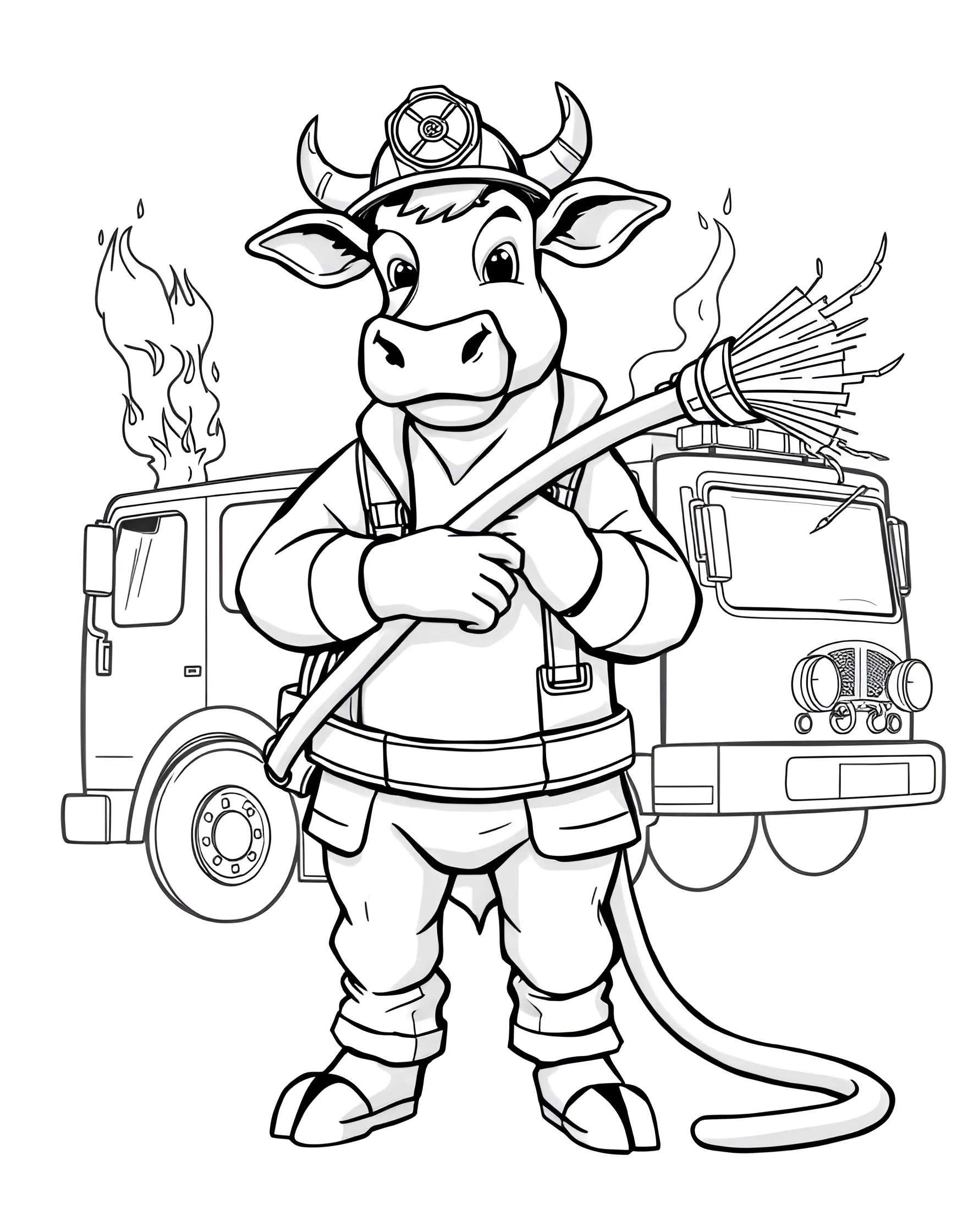 Cow Firefighter Saving the Day Coloring Page -- prompt: "A cow dressed as a firefighter using a hose to extinguish a fire." -- Honor everyday heroes with this brave cow firefighter coloring page. The cow is depicted wearing firefighter gear and using a hose to put out a small blaze. This page combines excitement with the important message of fire safety.