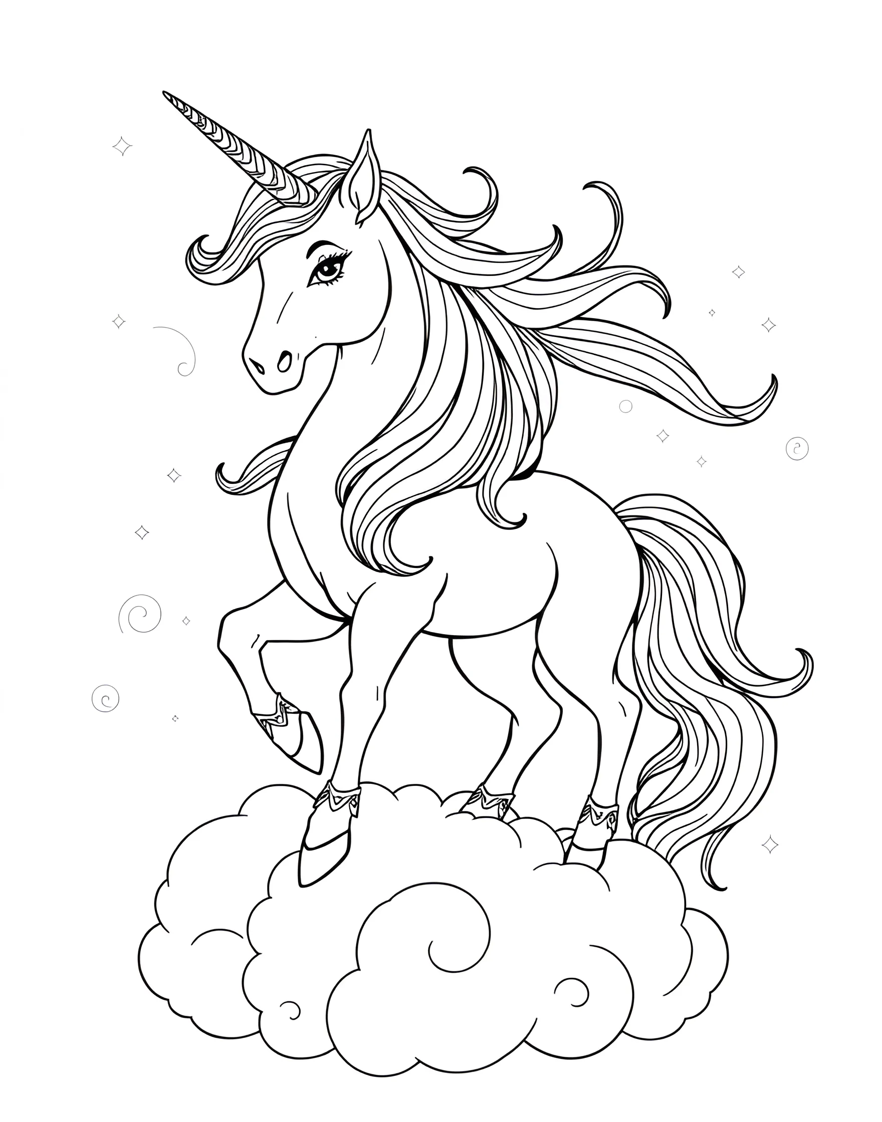 Rainbow Unicorn Coloring Page -- prompt: "A unicorn with a rainbow mane and tail, standing proudly against a cloudy sky." -- Embrace the full spectrum of colors with this vibrant rainbow unicorn coloring sheet. The unicorn's mane and tail flow in rainbow hues, creating a dazzling effect. This page is perfect for those who love to experiment with bold, bright colors.