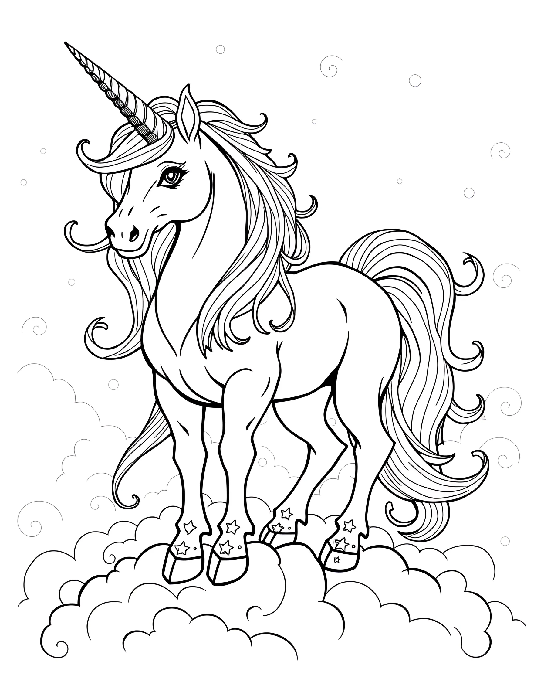 Rainbow Unicorn Coloring Page -- prompt: "A unicorn with a rainbow mane and tail, standing proudly against a cloudy sky." -- Embrace the full spectrum of colors with this vibrant rainbow unicorn coloring sheet. The unicorn's mane and tail flow in rainbow hues, creating a dazzling effect. This page is perfect for those who love to experiment with bold, bright colors.