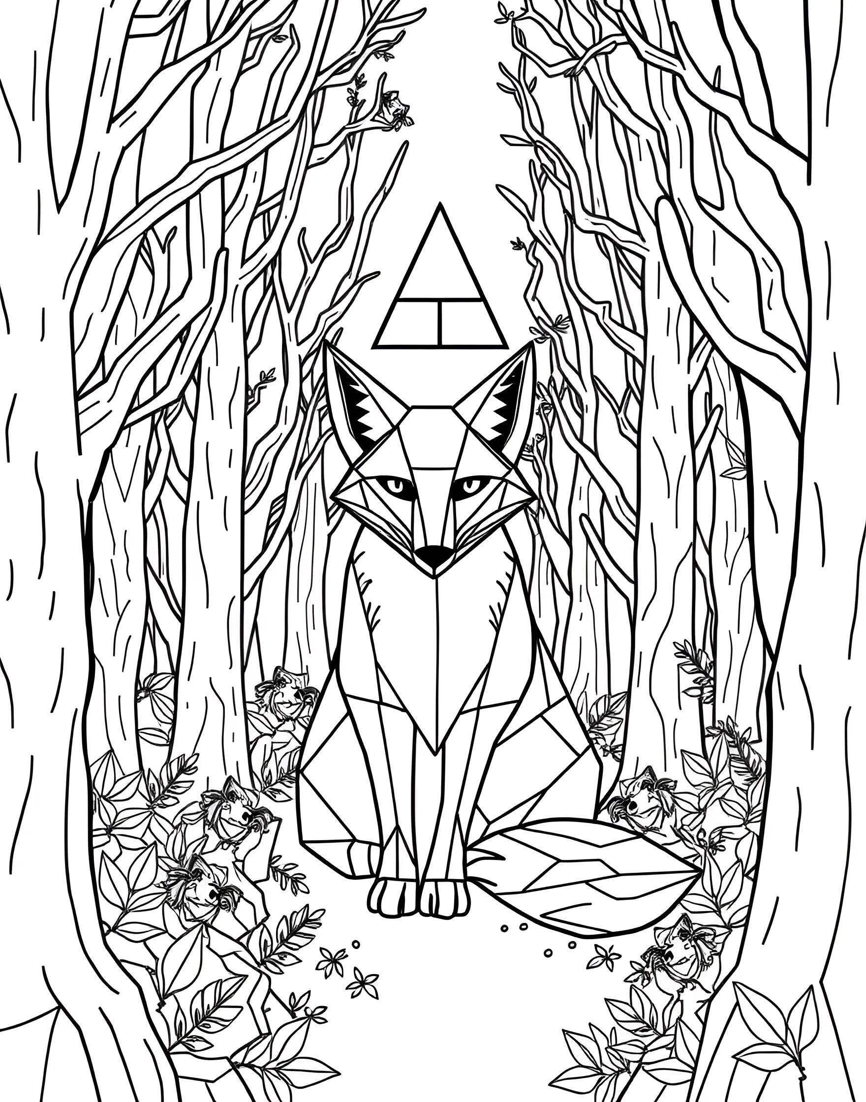 Geometric Fox Forest Scene Coloring Page -- prompt: "A forest scene with a fox and trees created using geometric shapes and lines in a polygon art style." -- Discover the beauty of nature through geometry with this striking fox forest scene. The design combines angular, polygon-style artwork to create a fox and its woodland surroundings. As you color, you'll bring dimension and life to this modern interpretation of a classic nature scene.