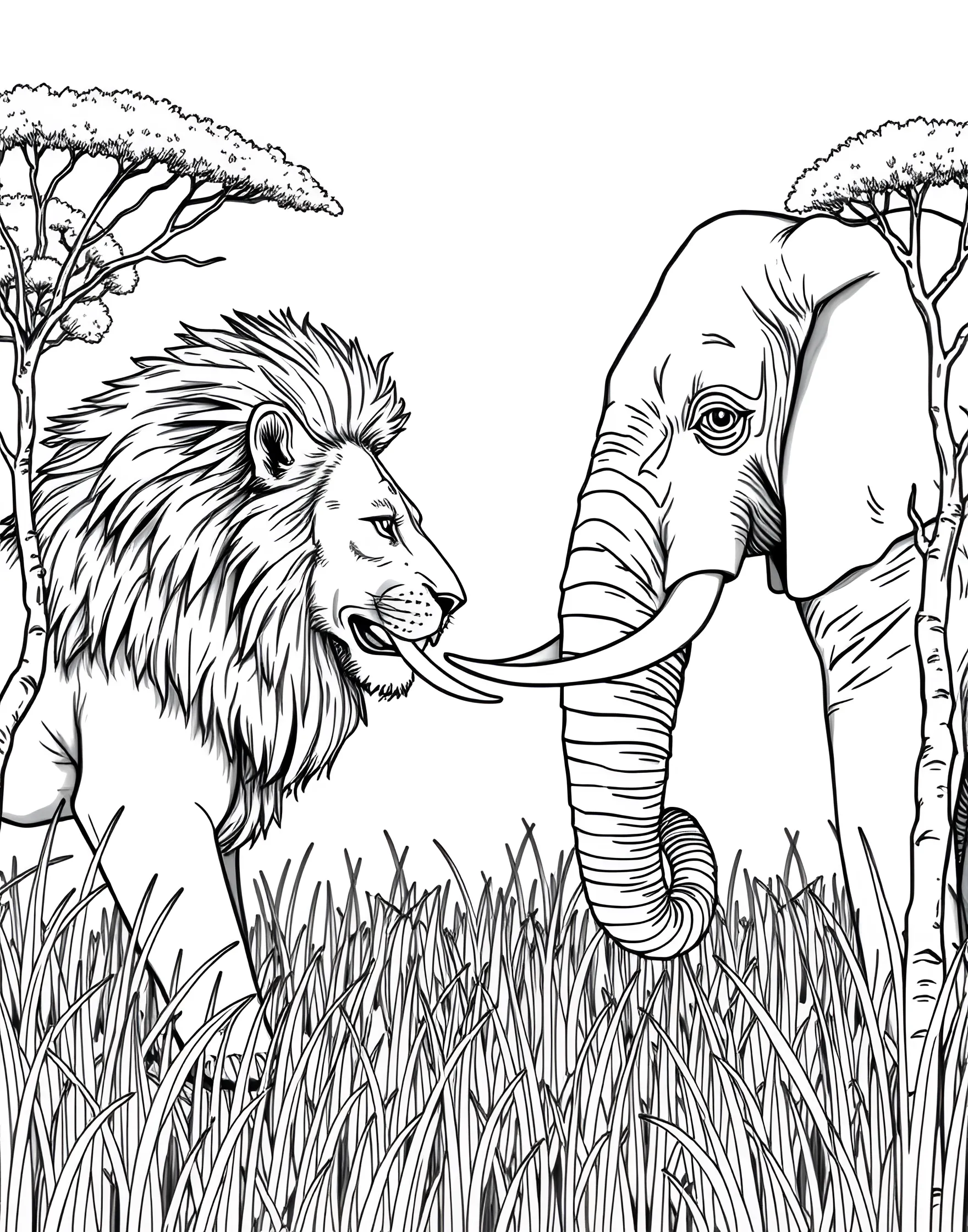 Lion and Elephant Standoff Coloring Page -- prompt: "A lion and an elephant facing off in a tense standoff in the African savanna." -- This tense coloring page depicts a standoff between a lion and an elephant. Both animals are shown in defensive postures, highlighting the complex relationships between savanna animals. It's perfect for those who enjoy coloring dramatic wildlife interactions.