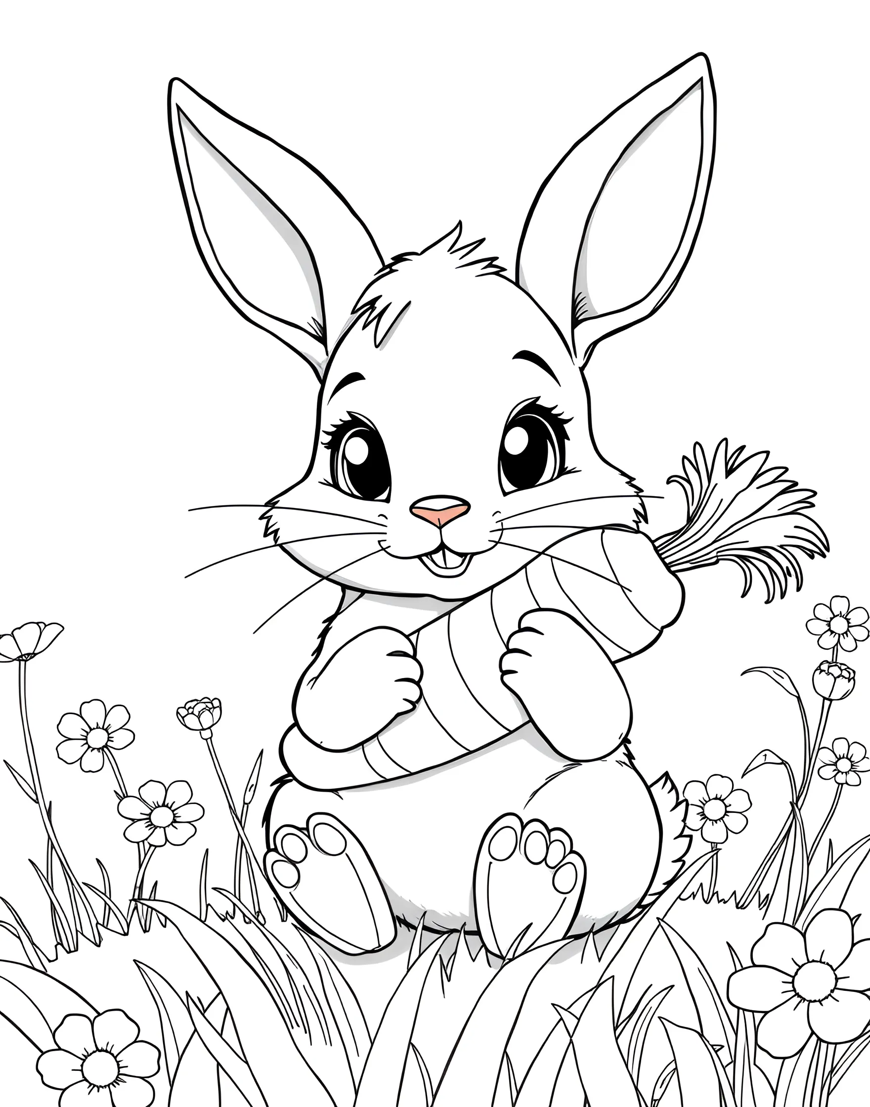 Fluffy Bunny Snacking on a Carrot Coloring Page -- prompt: "A cute cartoon bunny sitting in a grassy meadow, holding and eating a big orange carrot with flowers around." -- This sweet coloring page showcases an adorable bunny happily nibbling on a large carrot. The rabbit's soft fur and floppy ears are perfectly captured in the illustration. Children and adults alike will enjoy bringing this charming scene to life with their favorite colors.