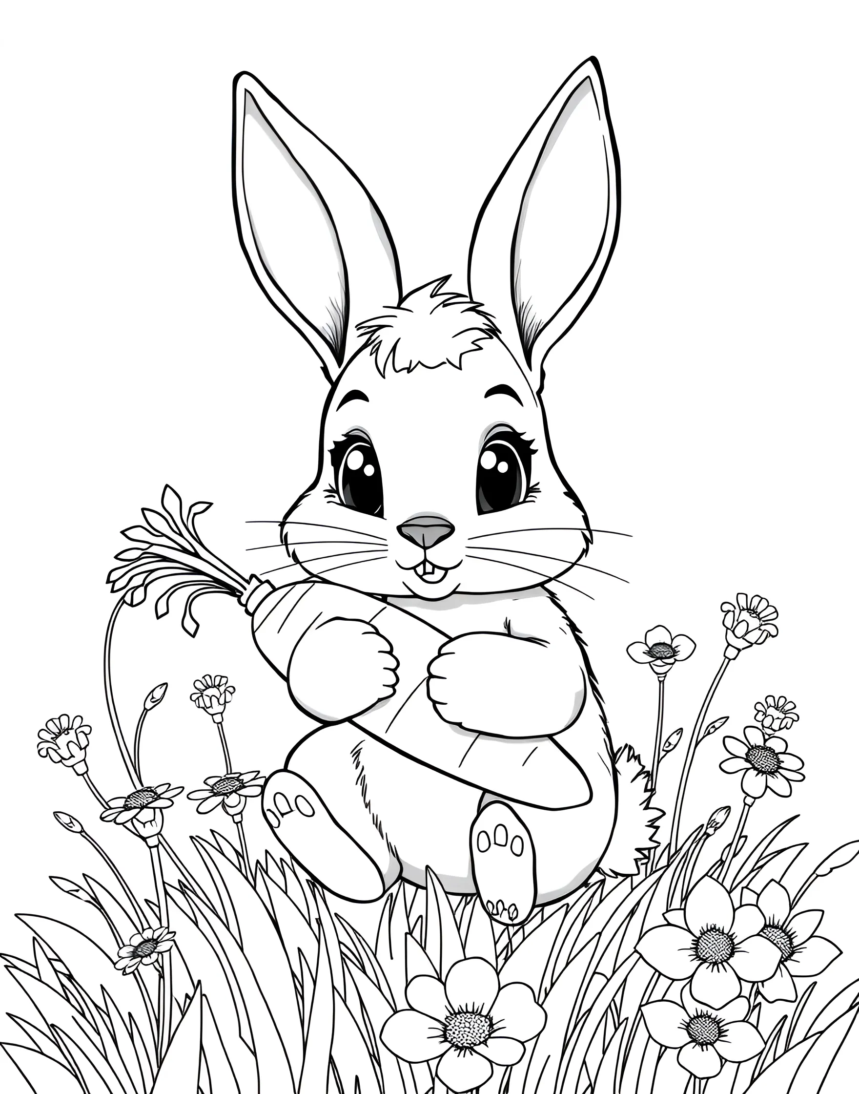 Fluffy Bunny Snacking on a Carrot Coloring Page -- prompt: "A cute cartoon bunny sitting in a grassy meadow, holding and eating a big orange carrot with flowers around." -- This sweet coloring page showcases an adorable bunny happily nibbling on a large carrot. The rabbit's soft fur and floppy ears are perfectly captured in the illustration. Children and adults alike will enjoy bringing this charming scene to life with their favorite colors.