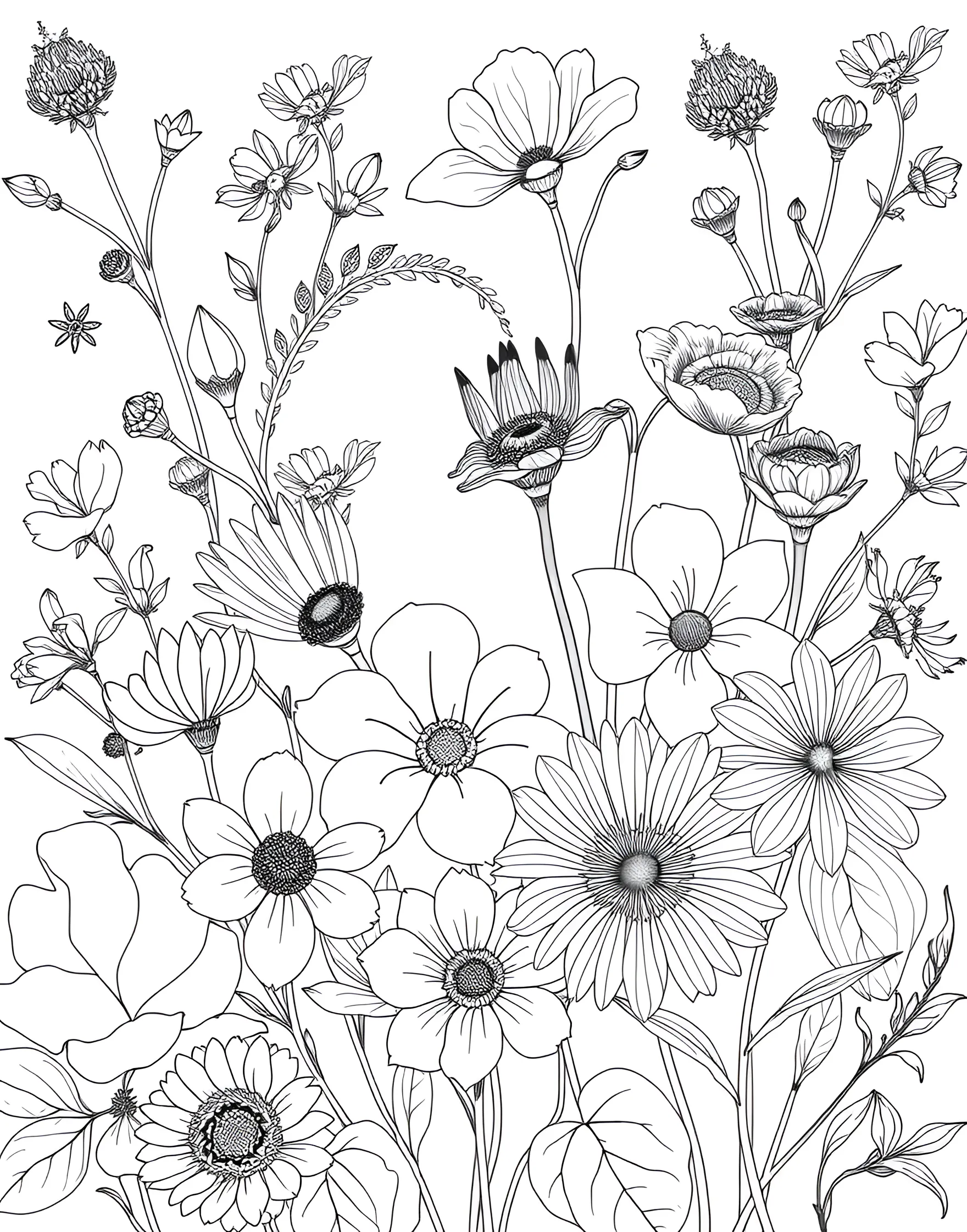 Dramatic Black and White Flower Coloring Page -- prompt: "A detailed black and white illustration of various flowers with strong contrast and patterns." -- Explore contrast and shading with this dramatic black and white flower coloring page. Bold outlines and intricate details offer a unique coloring challenge. This page is perfect for those who enjoy working with monochrome palettes or want to focus on value and texture in their coloring.