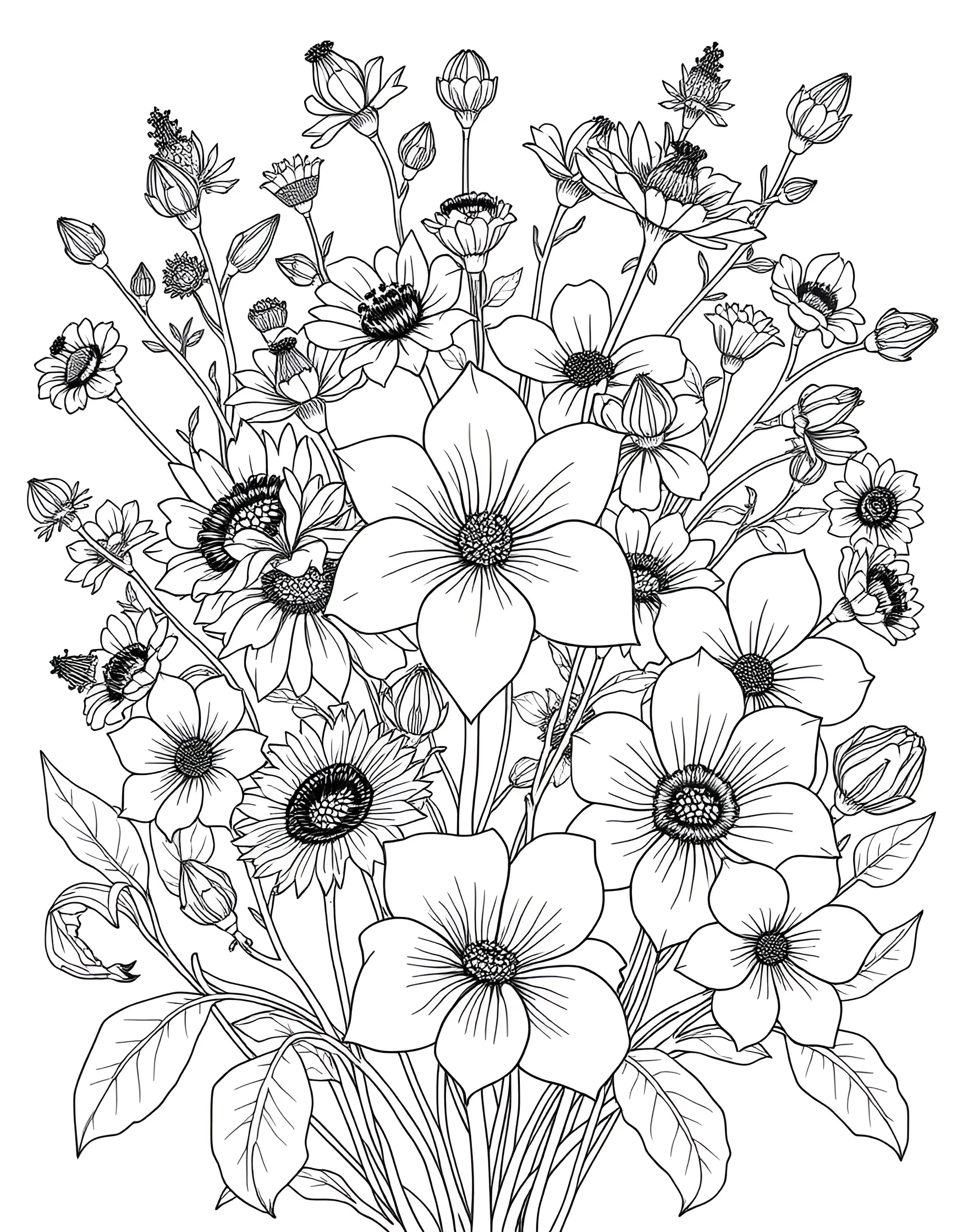 Dramatic Black and White Flower Coloring Page -- prompt: "A detailed black and white illustration of various flowers with strong contrast and patterns." -- Explore contrast and shading with this dramatic black and white flower coloring page. Bold outlines and intricate details offer a unique coloring challenge. This page is perfect for those who enjoy working with monochrome palettes or want to focus on value and texture in their coloring.