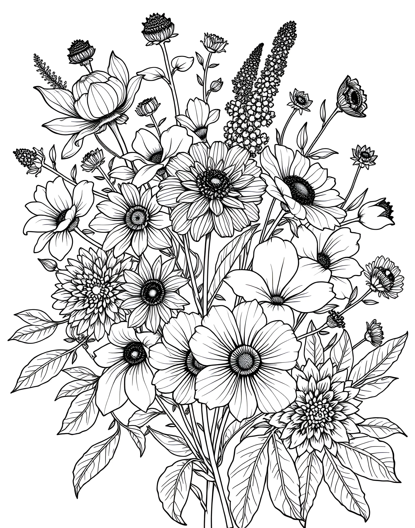 Dramatic Black and White Flower Coloring Page -- prompt: "A detailed black and white illustration of various flowers with strong contrast and patterns." -- Explore contrast and shading with this dramatic black and white flower coloring page. Bold outlines and intricate details offer a unique coloring challenge. This page is perfect for those who enjoy working with monochrome palettes or want to focus on value and texture in their coloring.