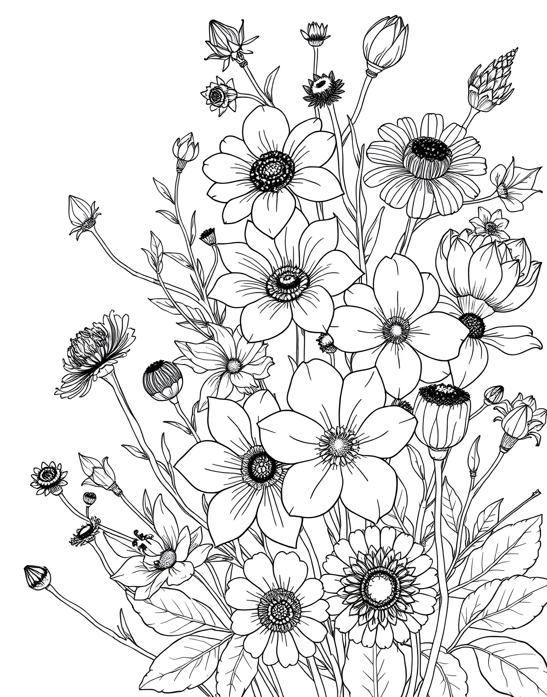 Dramatic Black and White Flower Coloring Page -- prompt: "A detailed black and white illustration of various flowers with strong contrast and patterns." -- Explore contrast and shading with this dramatic black and white flower coloring page. Bold outlines and intricate details offer a unique coloring challenge. This page is perfect for those who enjoy working with monochrome palettes or want to focus on value and texture in their coloring.