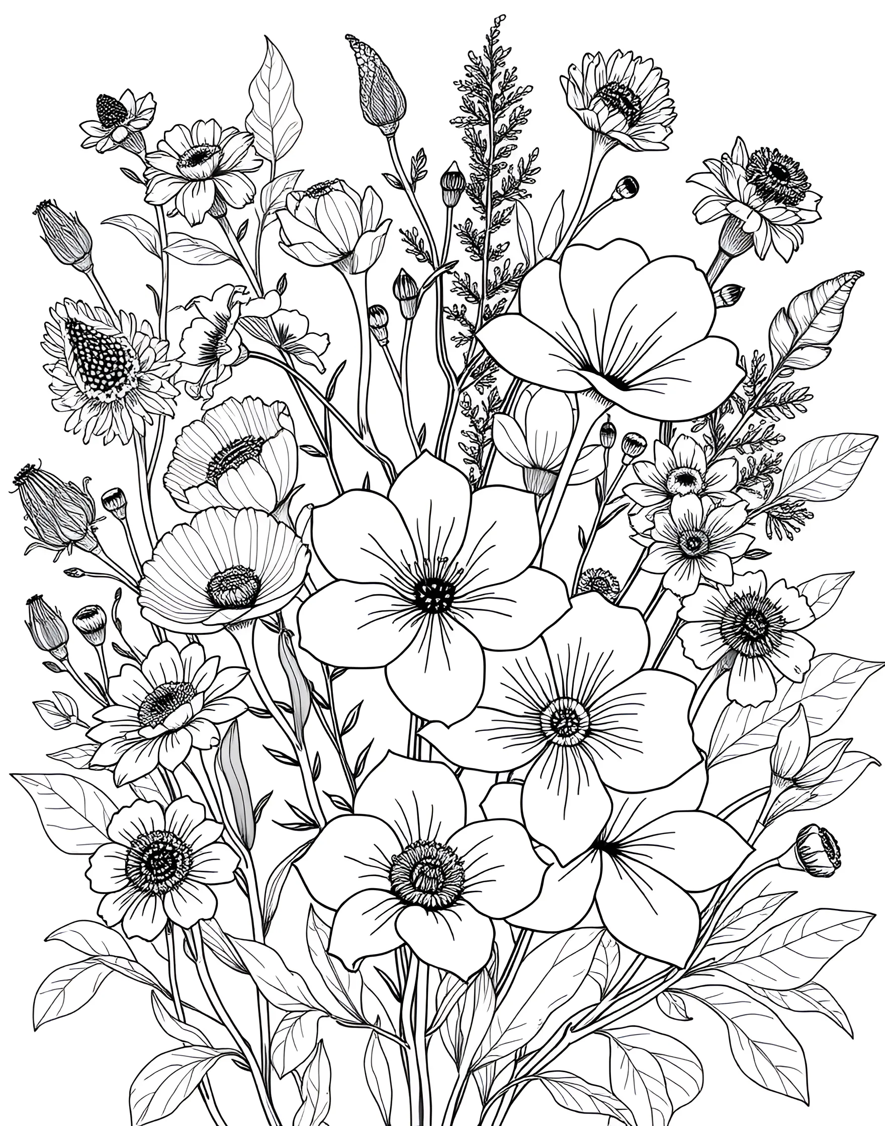 Dramatic Black and White Flower Coloring Page -- prompt: "A detailed black and white illustration of various flowers with strong contrast and patterns." -- Explore contrast and shading with this dramatic black and white flower coloring page. Bold outlines and intricate details offer a unique coloring challenge. This page is perfect for those who enjoy working with monochrome palettes or want to focus on value and texture in their coloring.