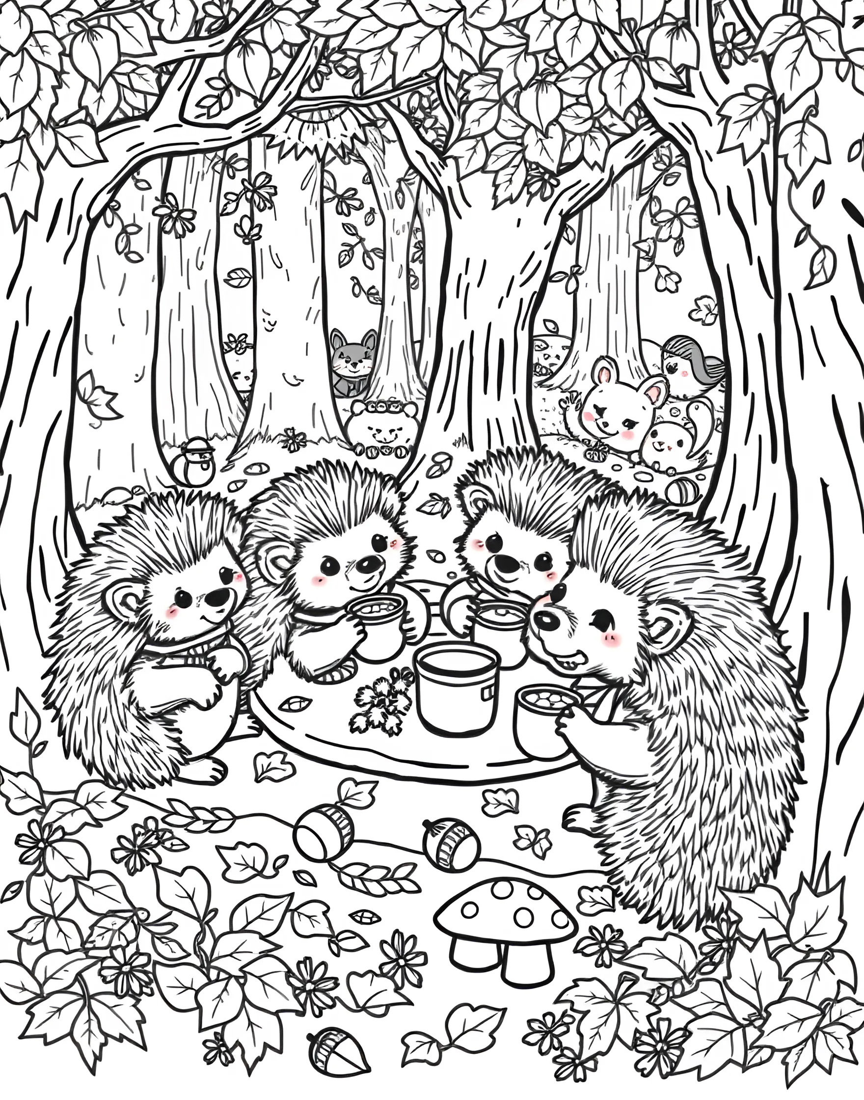 Hedgehog's Cozy Autumn Picnic Coloring Page -- prompt: "Cute hedgehogs having a picnic in an autumn forest with fallen leaves and acorns." -- Celebrate the beauty of fall with this charming coloring page showcasing hedgehogs enjoying an autumn picnic. Set in a leaf-strewn forest clearing, the scene includes hedgehogs snuggling in scarves, sipping warm drinks, and sharing acorn treats. It's a heartwarming depiction of autumn coziness with these adorable creatures.