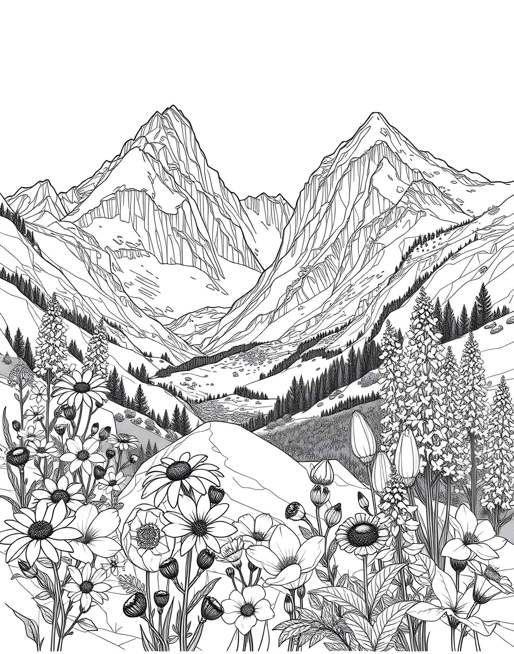 Majestic Mountain Wildflowers Coloring Page -- prompt: "A mountain scene with various wildflowers growing among rocks and boulders." -- Experience the beauty of alpine flora with this majestic mountain wildflowers coloring page. Delicate blooms nestled among rocky outcrops create a stunning natural scene. This page is perfect for those who love combining landscape and floral elements in their coloring adventures.